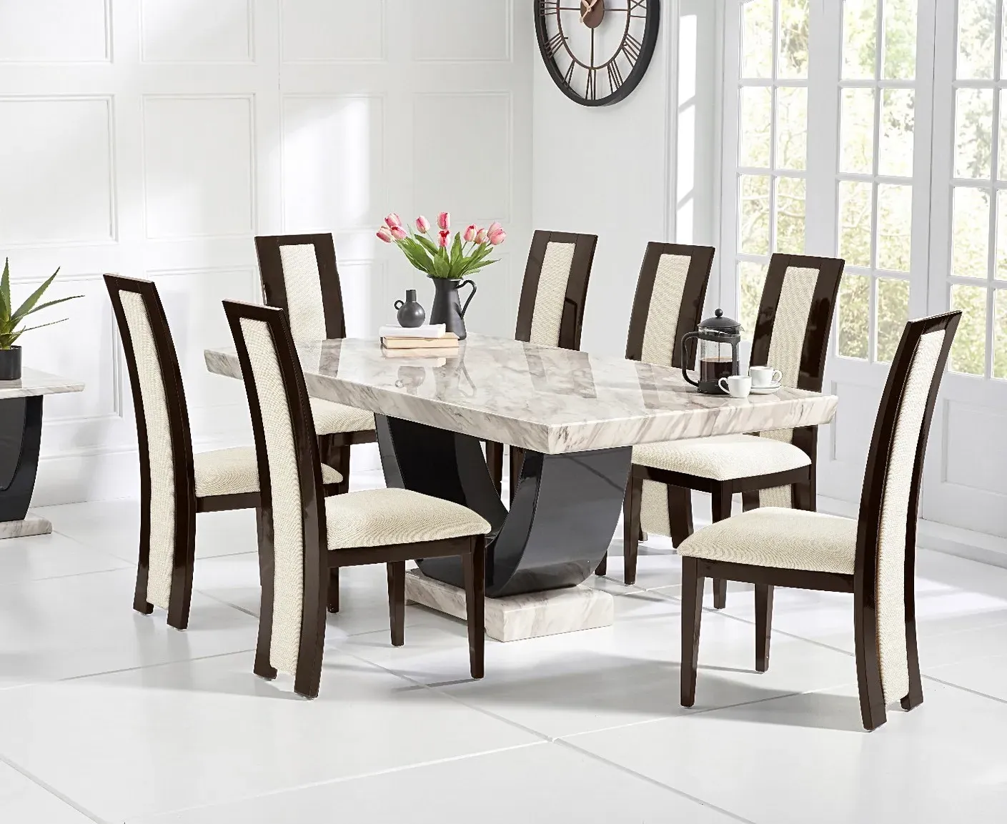 Novara Pedestal Dining Table & 6 Brown Novara Chairs - Cream, Marble product