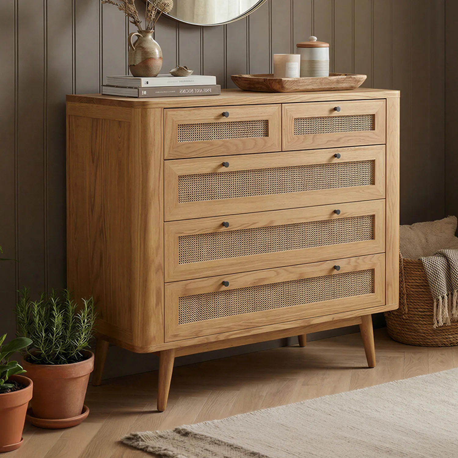 Oak Rattan 2 Over 3 Chest of Drawers - Oak product