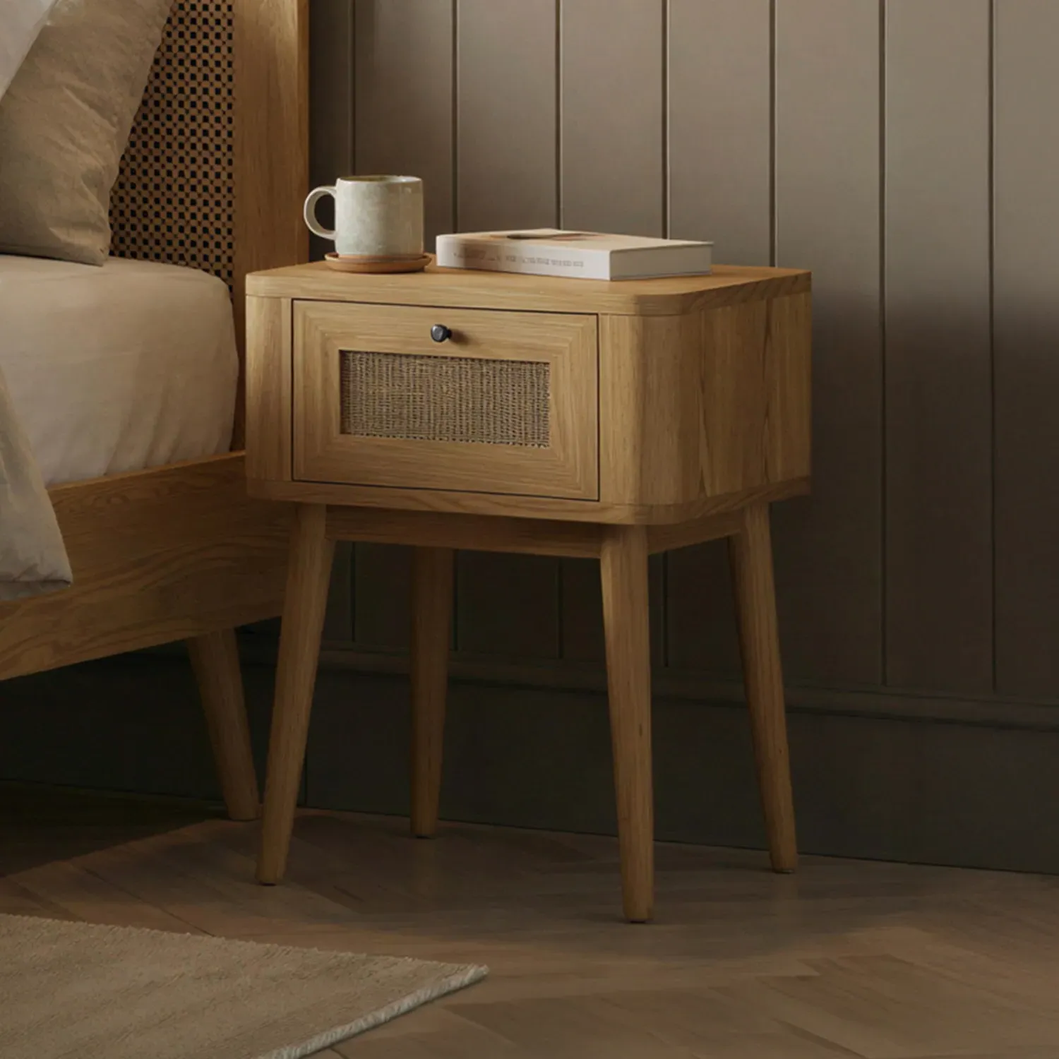 Oak Rattan Bedside Table - Oak product