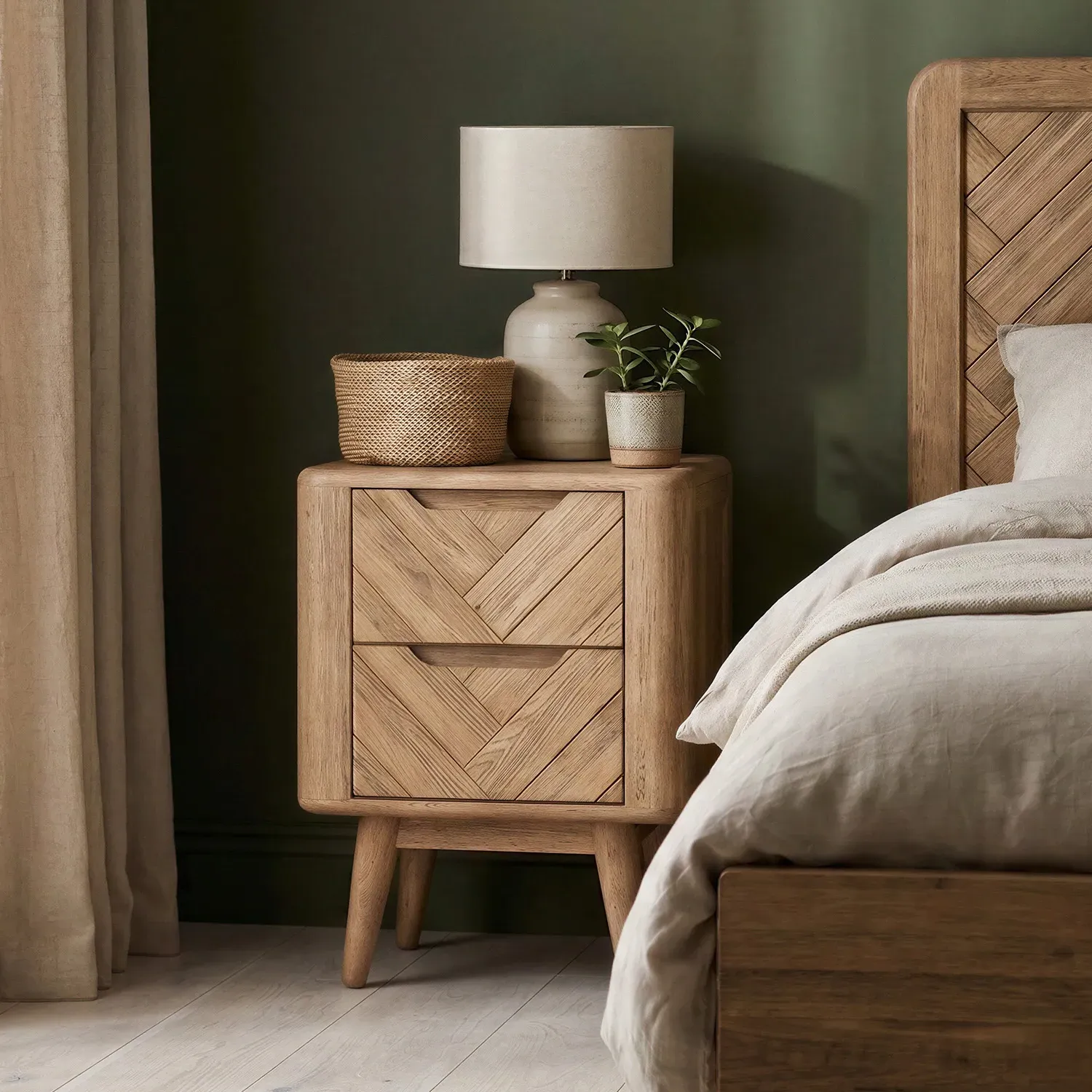 Parven 2 Drawer Bedside Chest with Herringbone Detail - Oak product