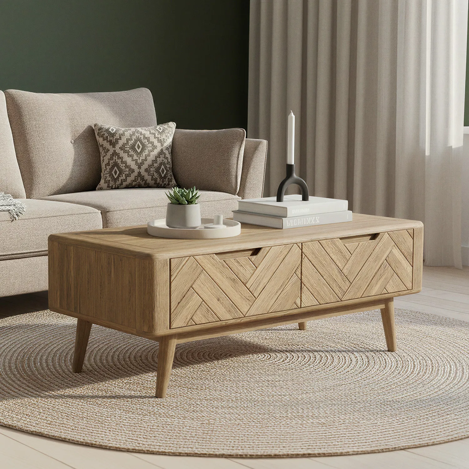 Parven 4 Drawer Coffee Table Herringbone Detail - Oak product