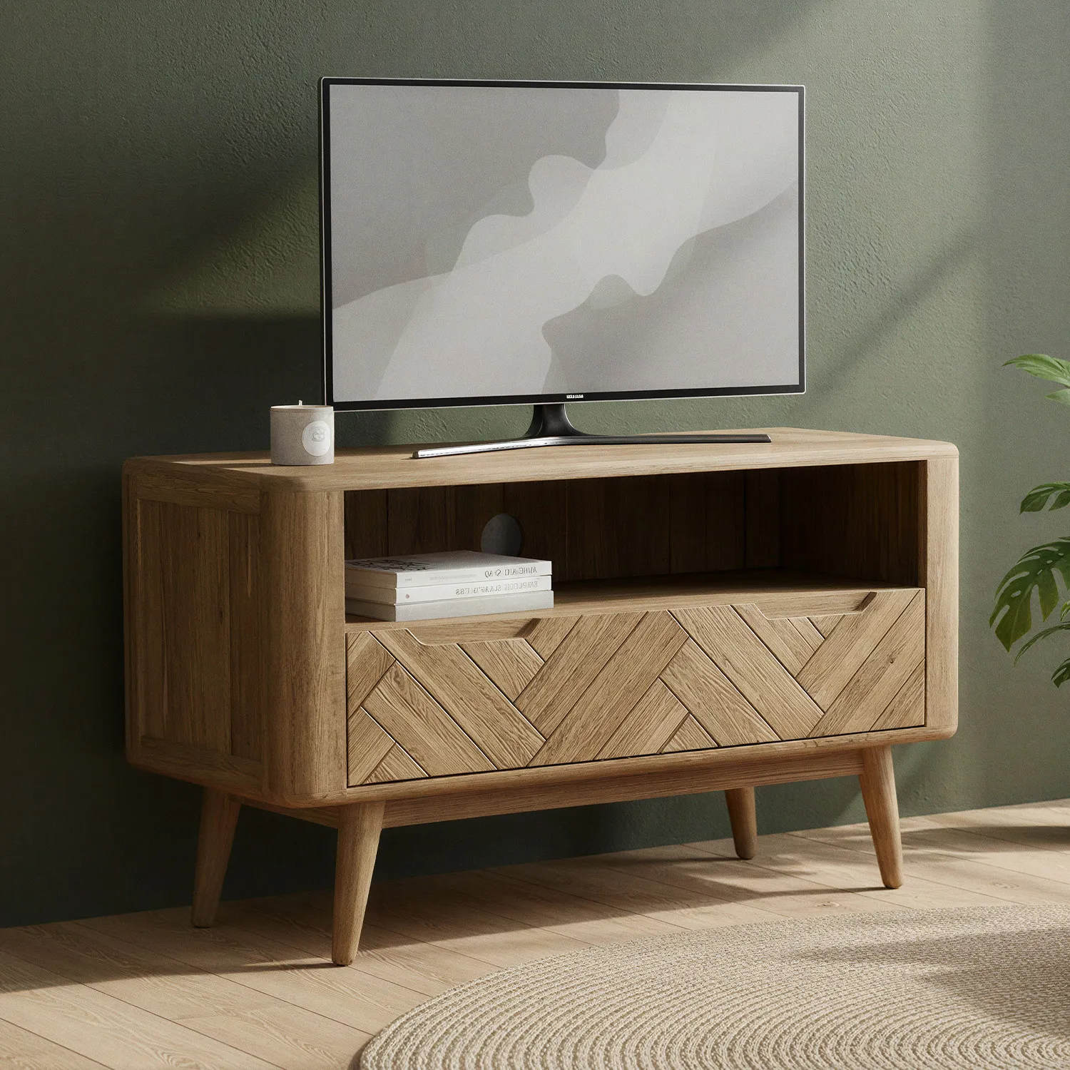 Parven Collection Small TV Cabinet Herringbone Detail - Oak product