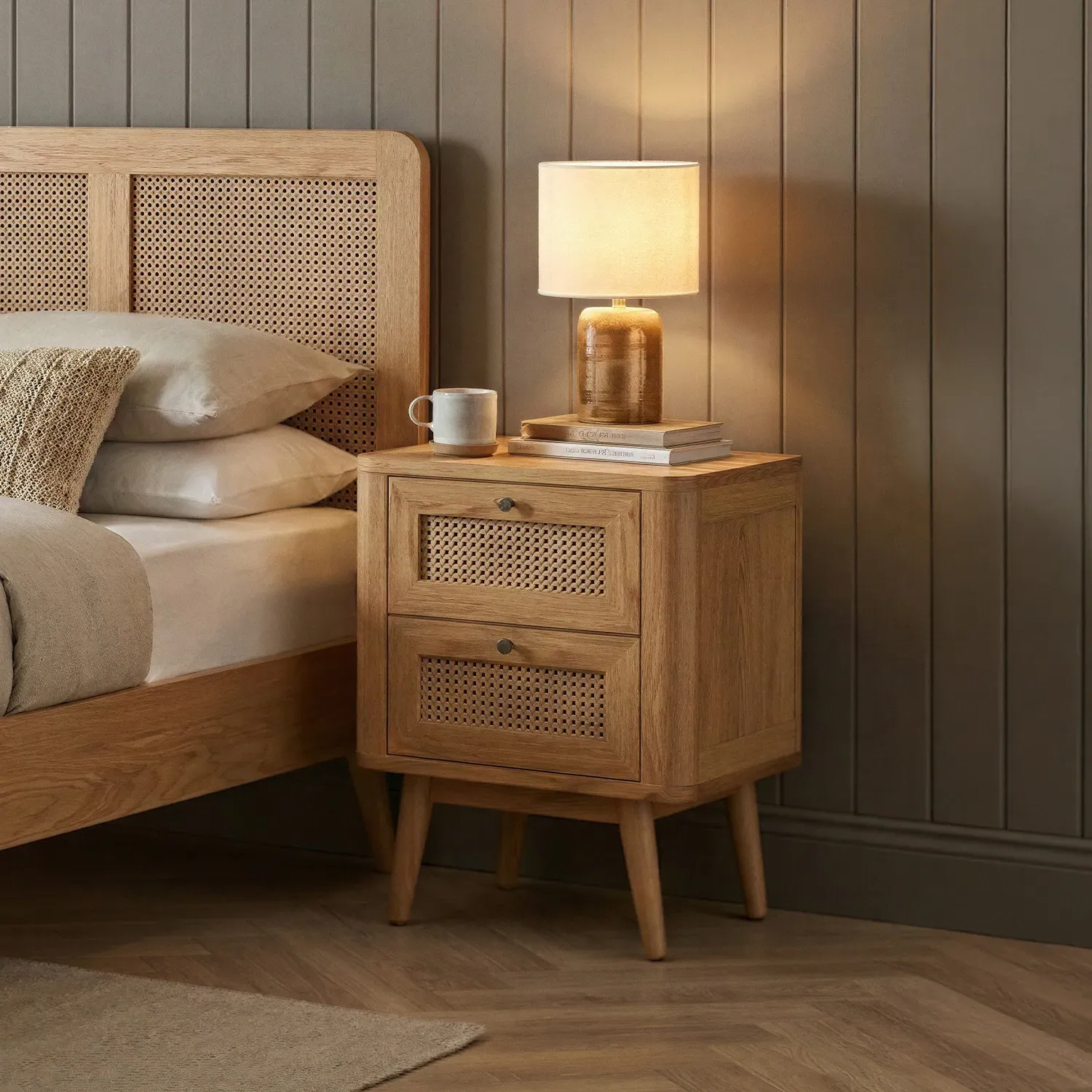 Rattan 2 Drawer Bedside Chest - Oak product
