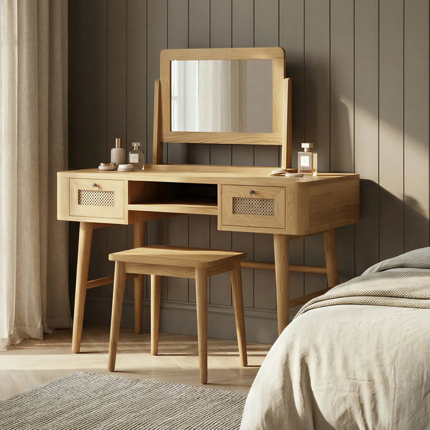 Rattan Dressing Table Set - Oak product