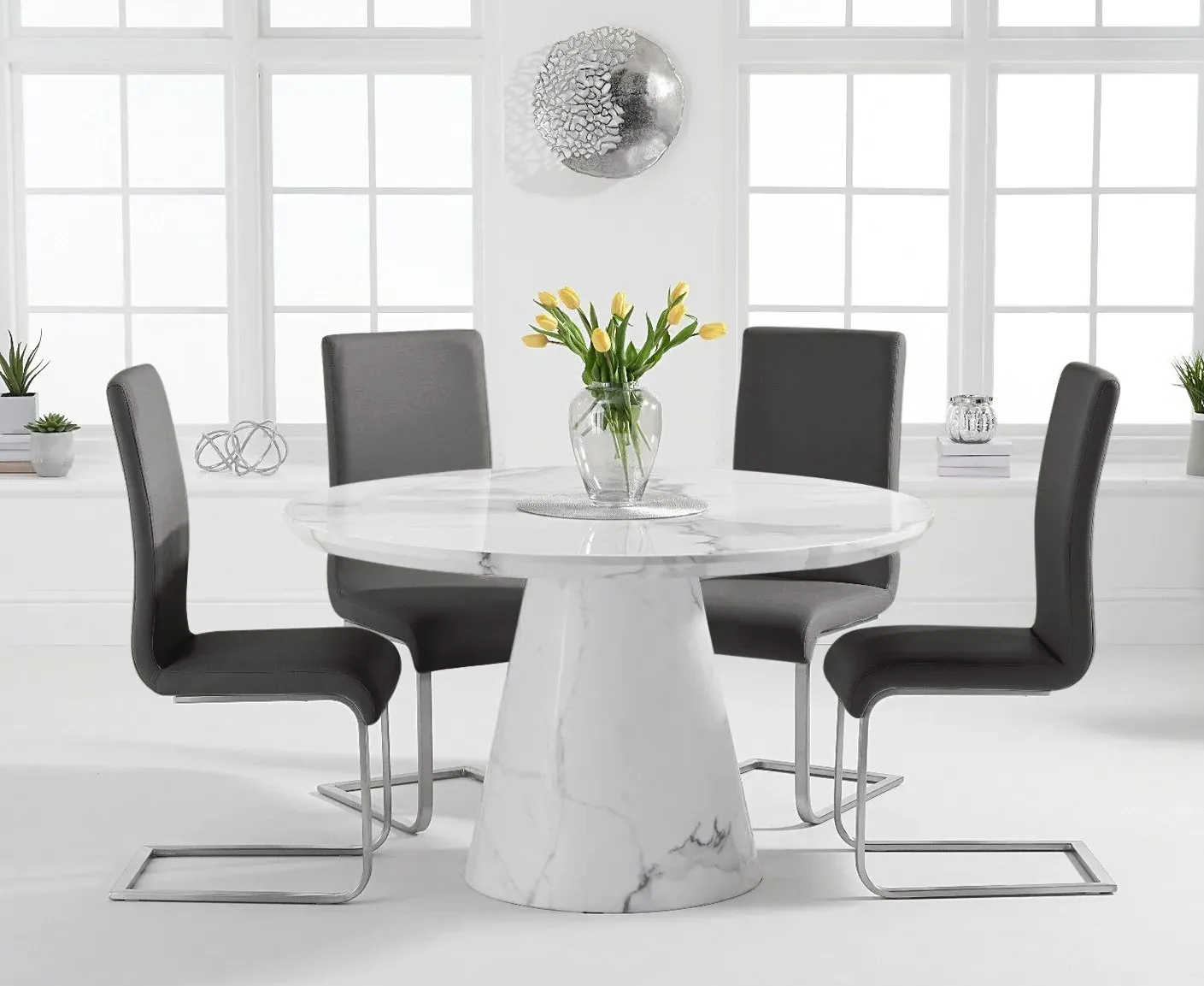 Ravello Round Dining Table & 4 Austin Chairs - White, Marble product