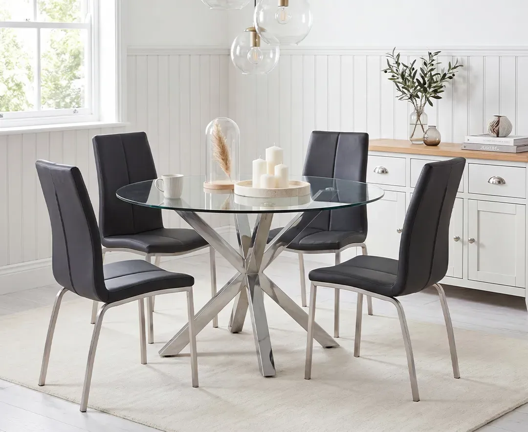 Rodin Round Dining Table with 4 Marco Chairs - Black, Glass product