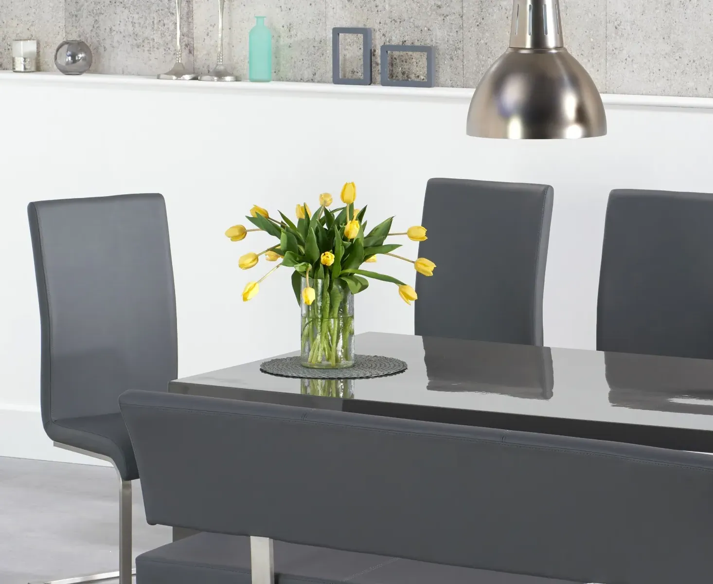 Seattle Dining Table with 2 Austin Chairs & 1 Bench - Dark Grey, High Gloss product