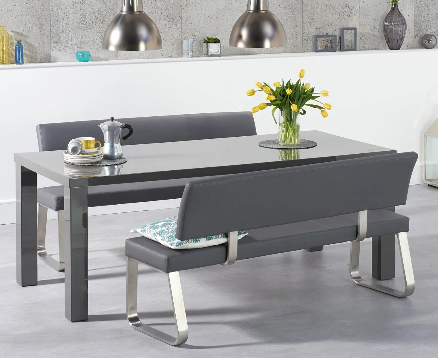 Seattle Dining Table with 2 Benches - Dark Grey, High Gloss product