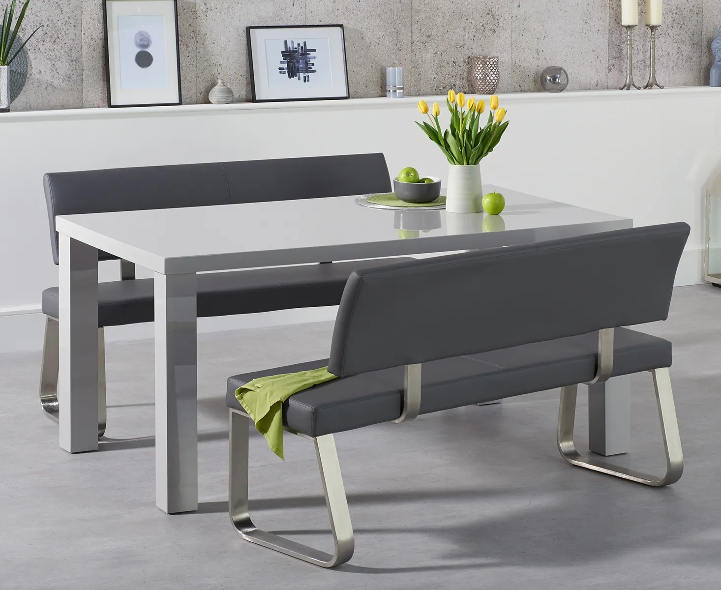 Seattle Dining Table with 2 Benches - Light Grey, High Gloss product