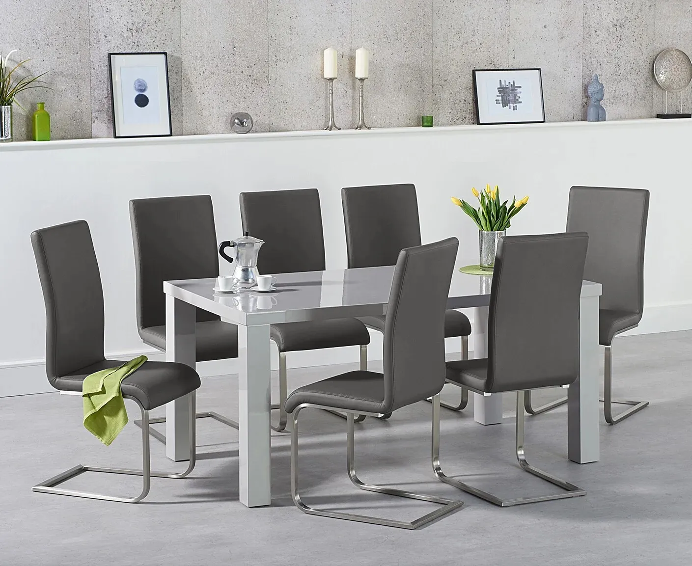 Seattle Dining Table with 4 Austin Chairs - Light Grey, High Gloss product