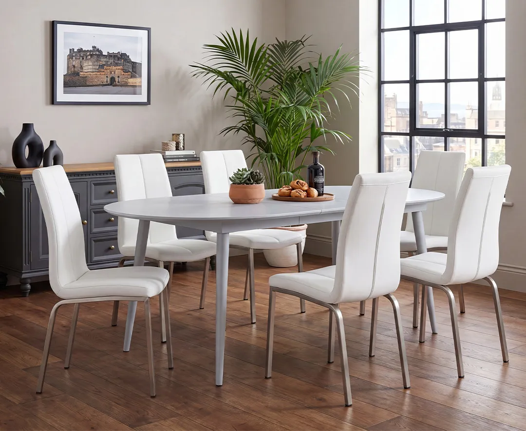 Veneti Extendable Dining Table with 6 Marco Chairs - Light Grey, High Gloss product