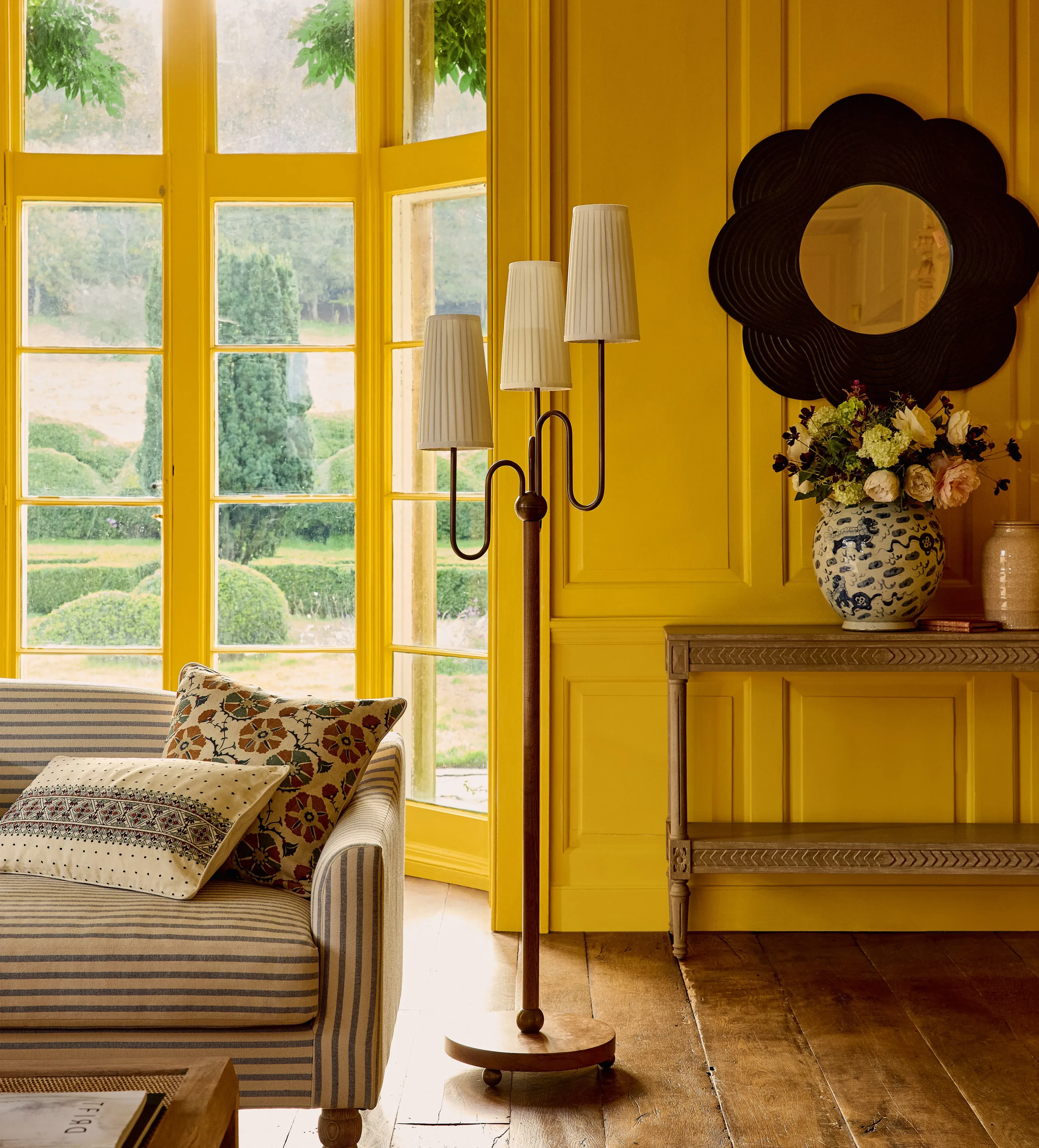 Lucas Burl Wood Floor Lamp - Antique Brass, Linen product