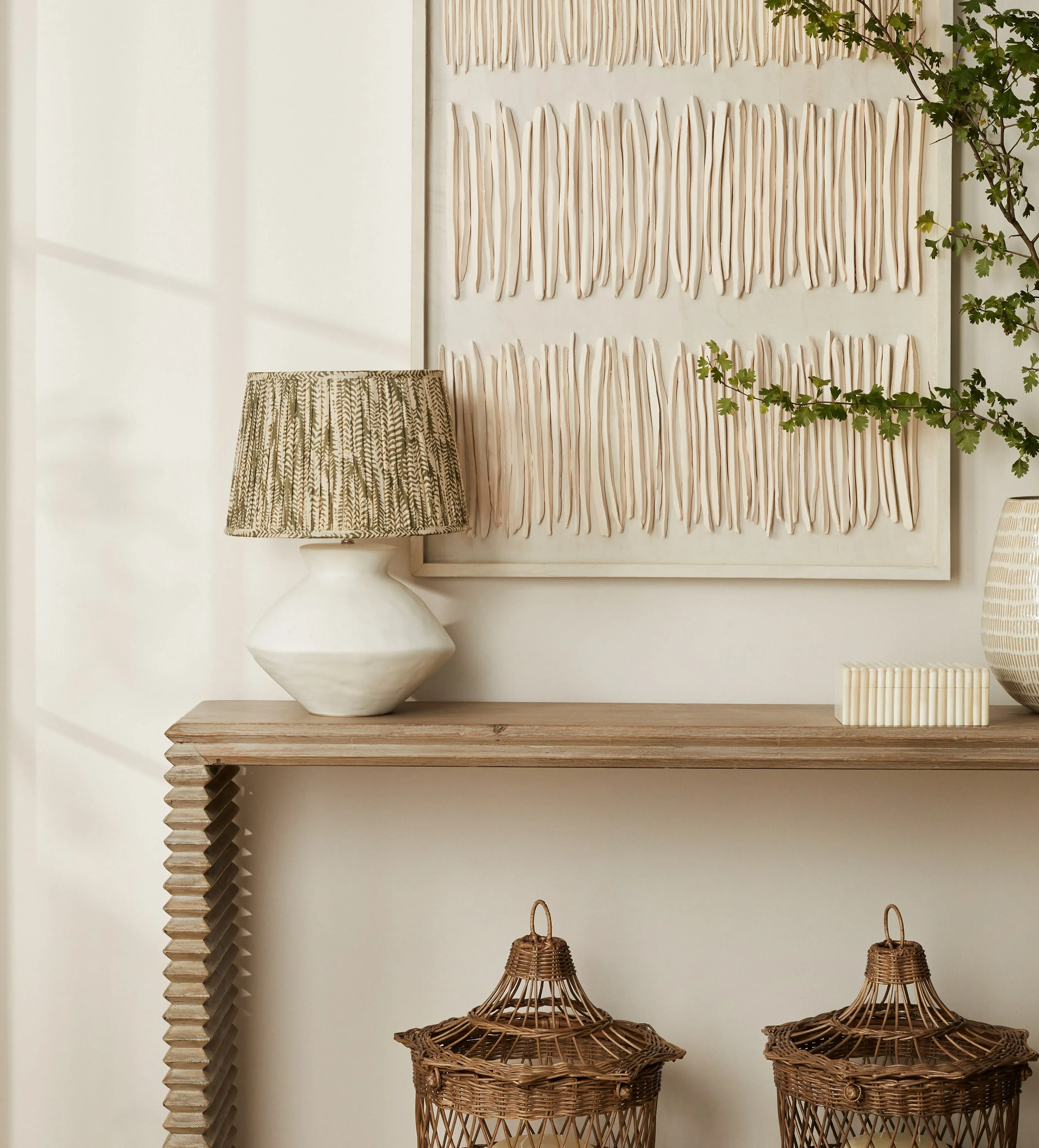 50cm Pleated Lampshade with Fern Print - Grey Green by OKA