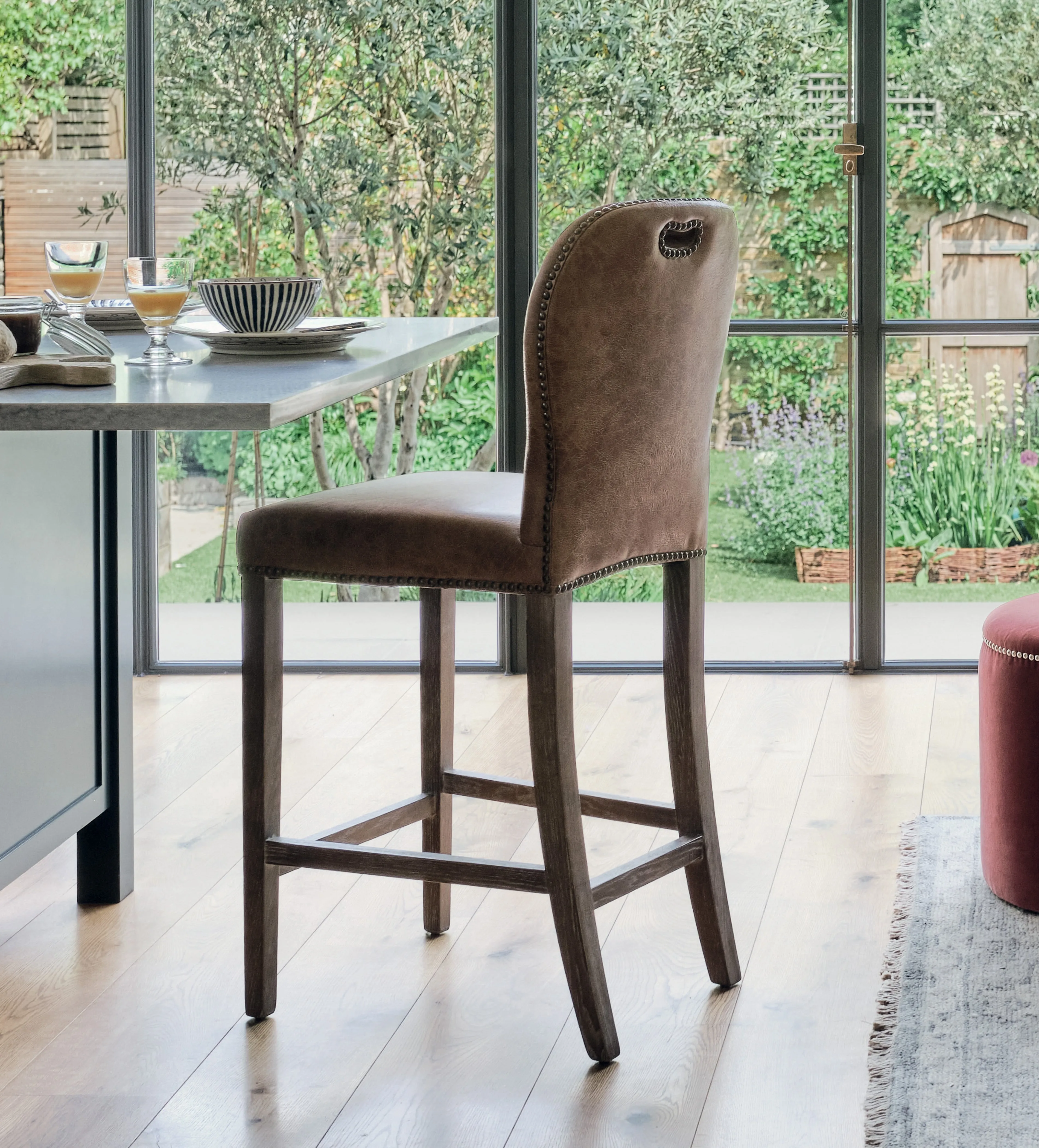 Bar Stool with Footrest - Aged Tobacco, Leather product