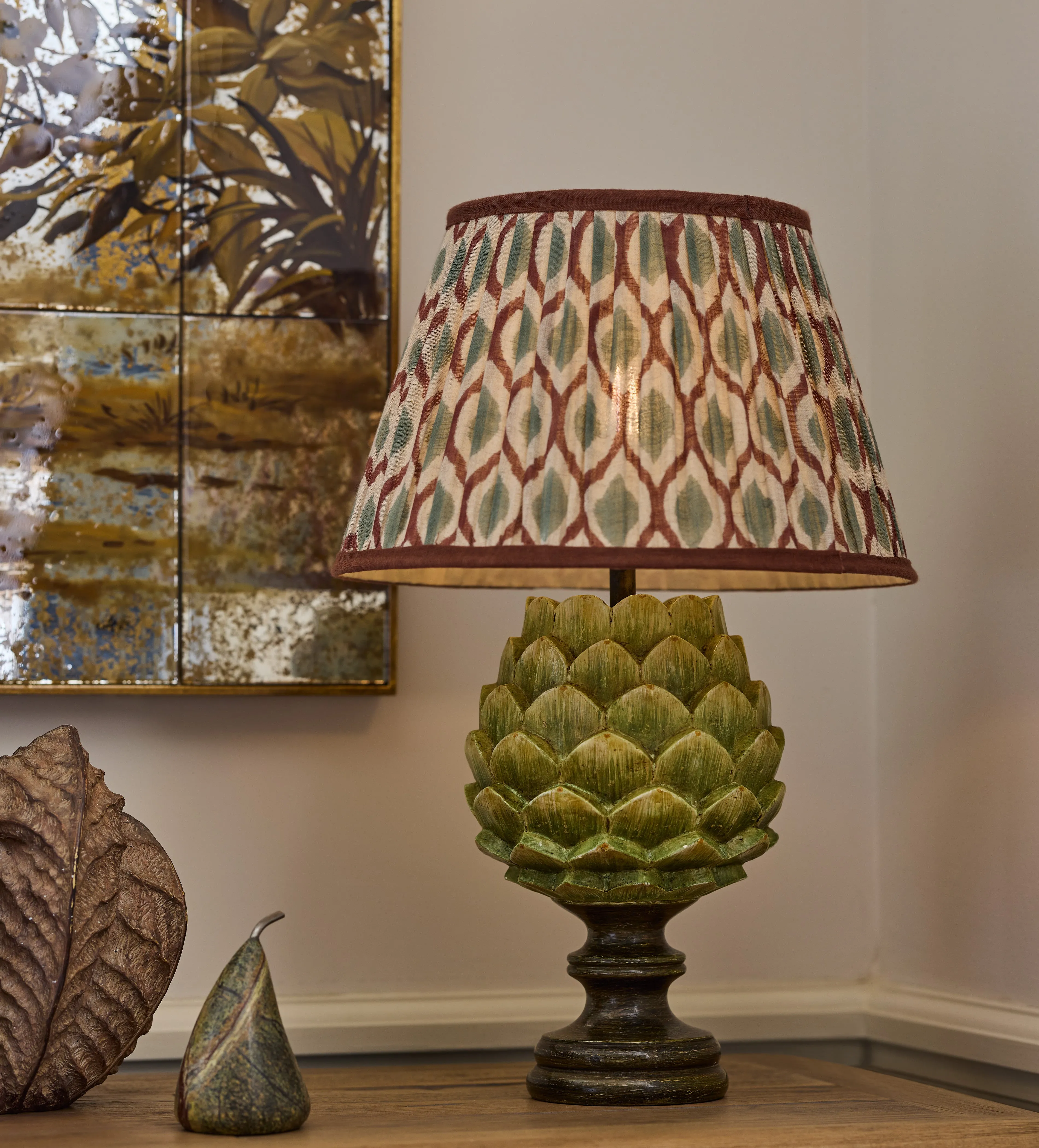 Chadhana 35cm Pleated Lampshade - Warm Red & Dark Seafoam, Linen by OKA