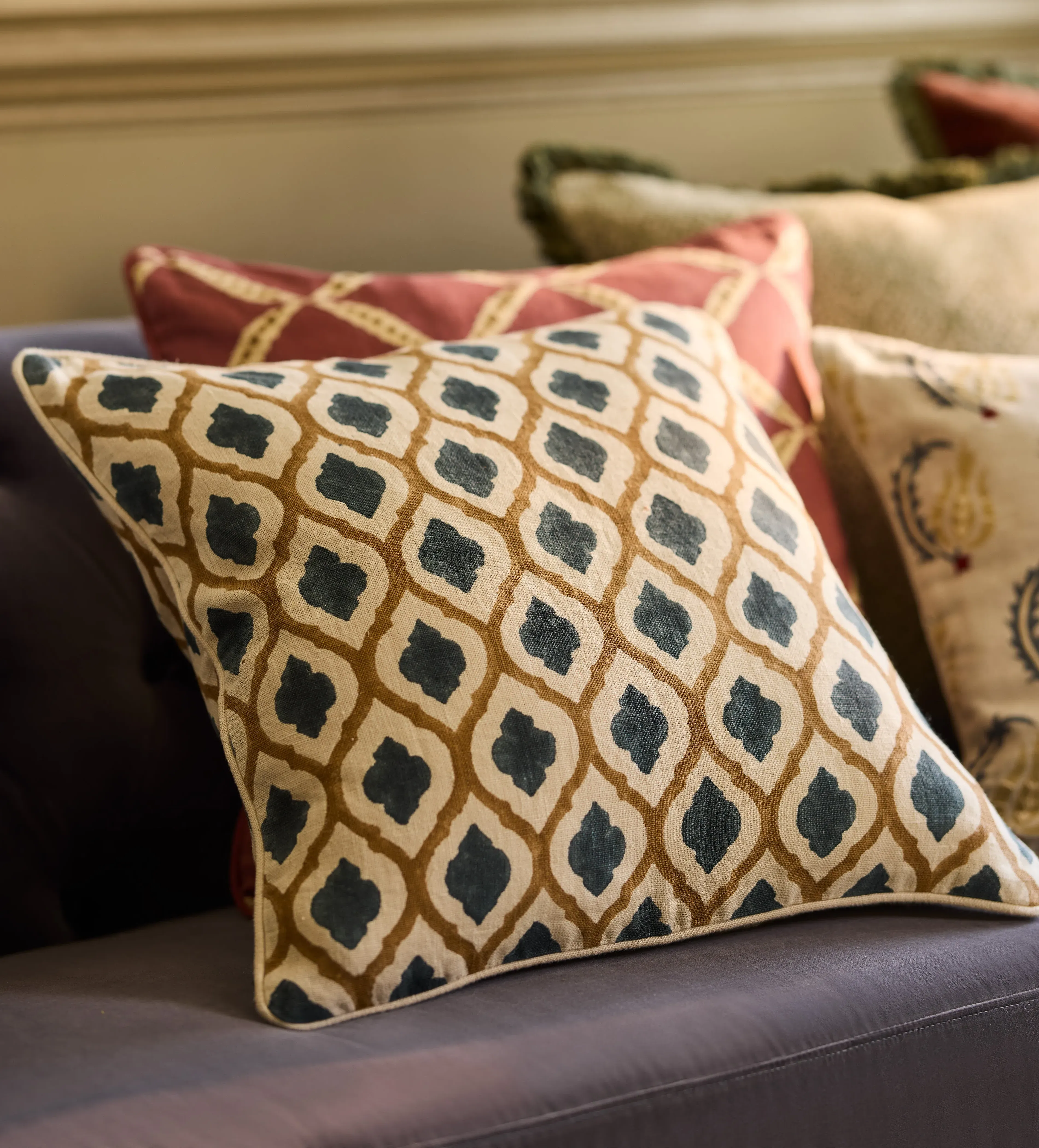 Chadhana Square Cushion Cover - Caramel/Air Force Blue, Linen product
