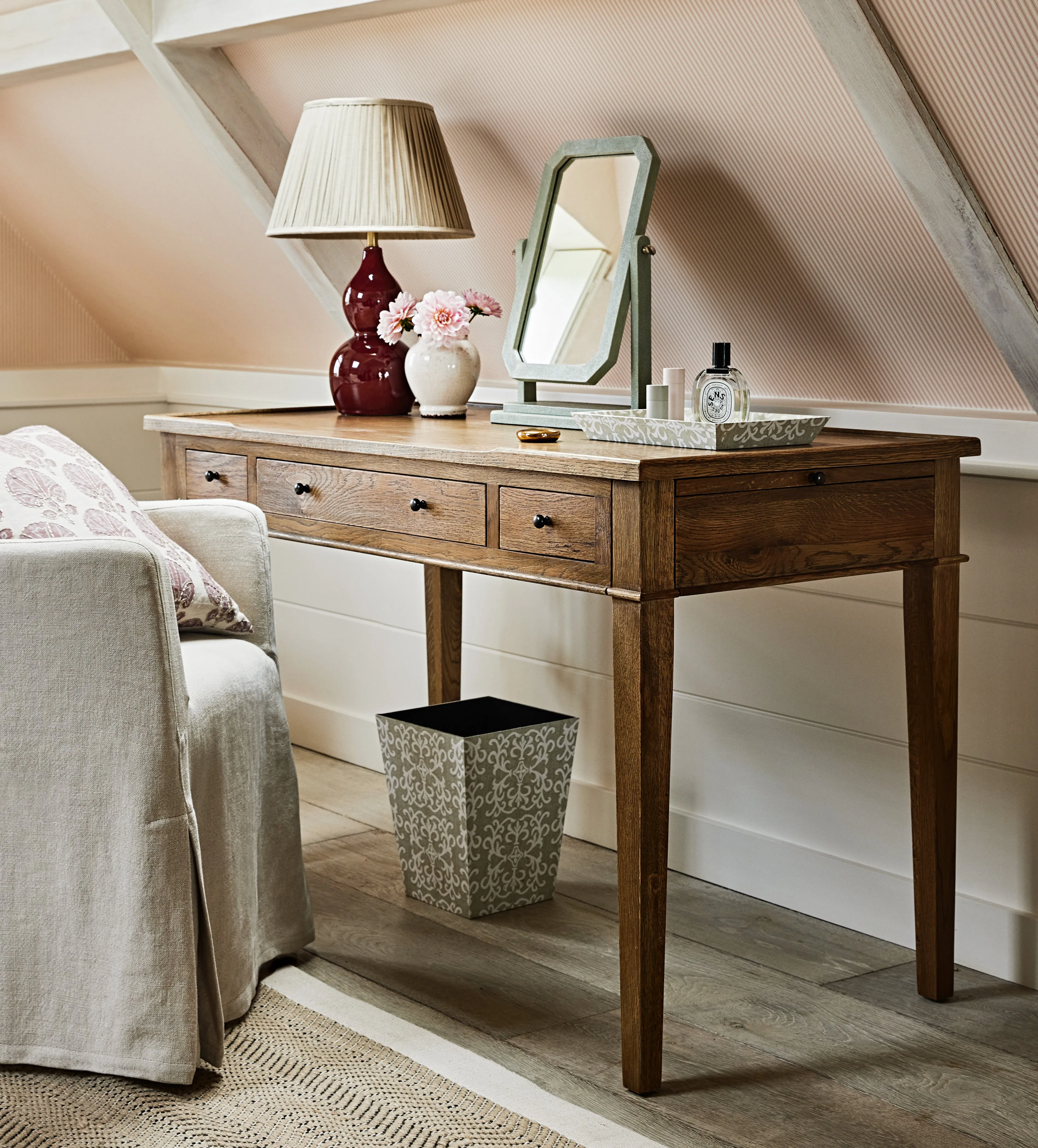 Chinon Desk with Pull-Out Shelves - Antique Oak by OKA