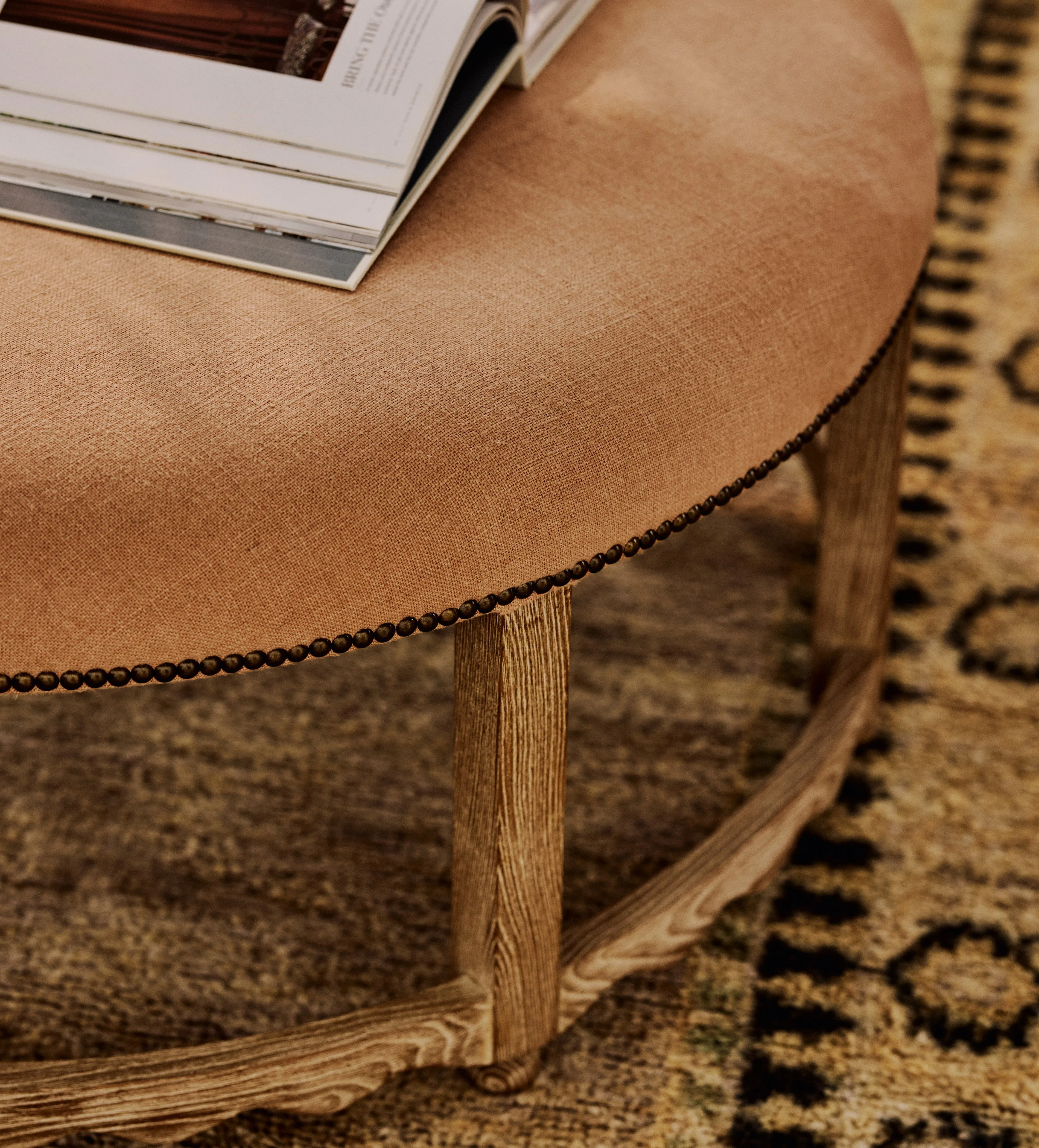 Edirne Round Ottoman - Apricot, Linen product