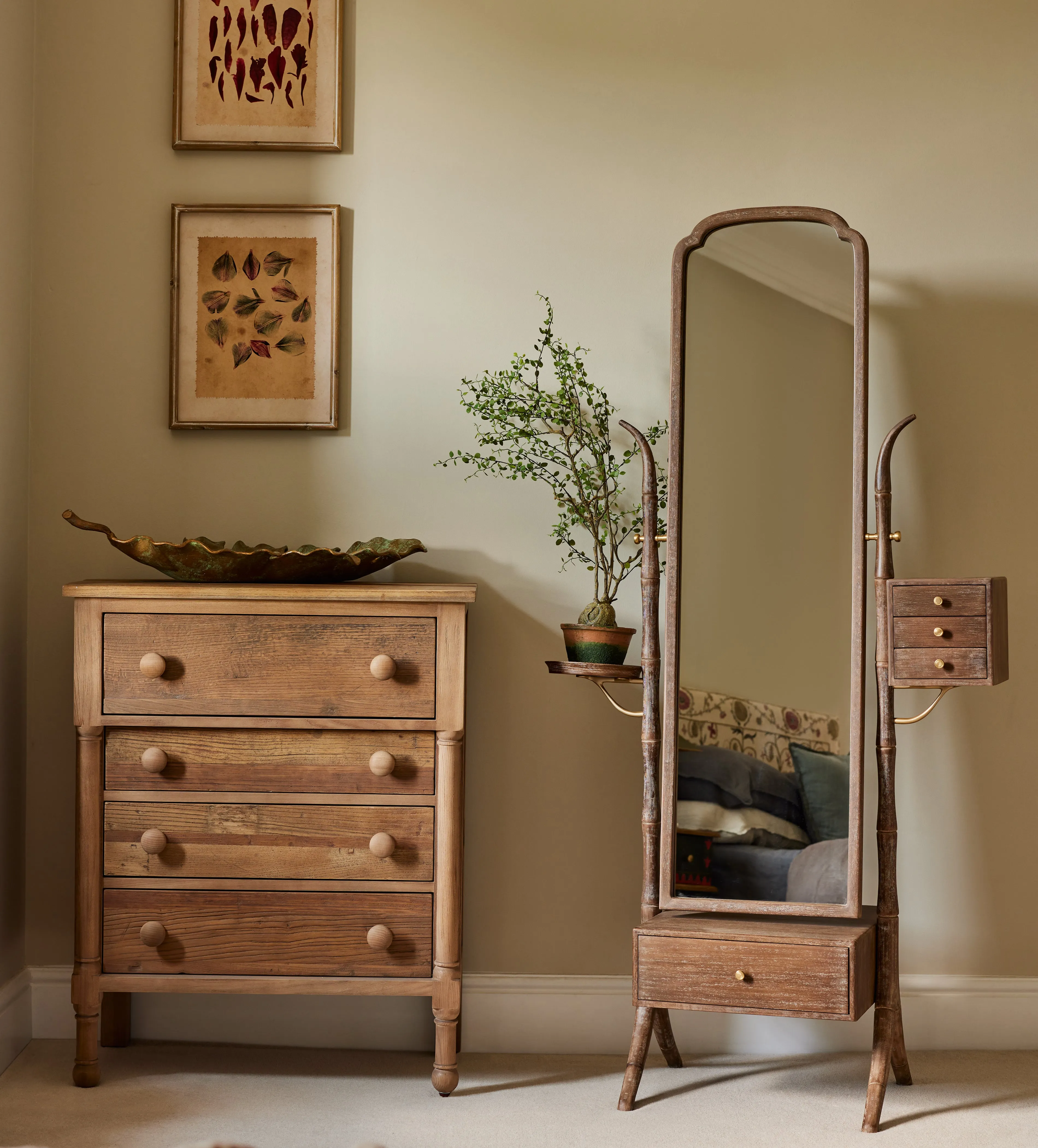 Floor Mirror with Drawers - Burnt Oak, Beech Wood product