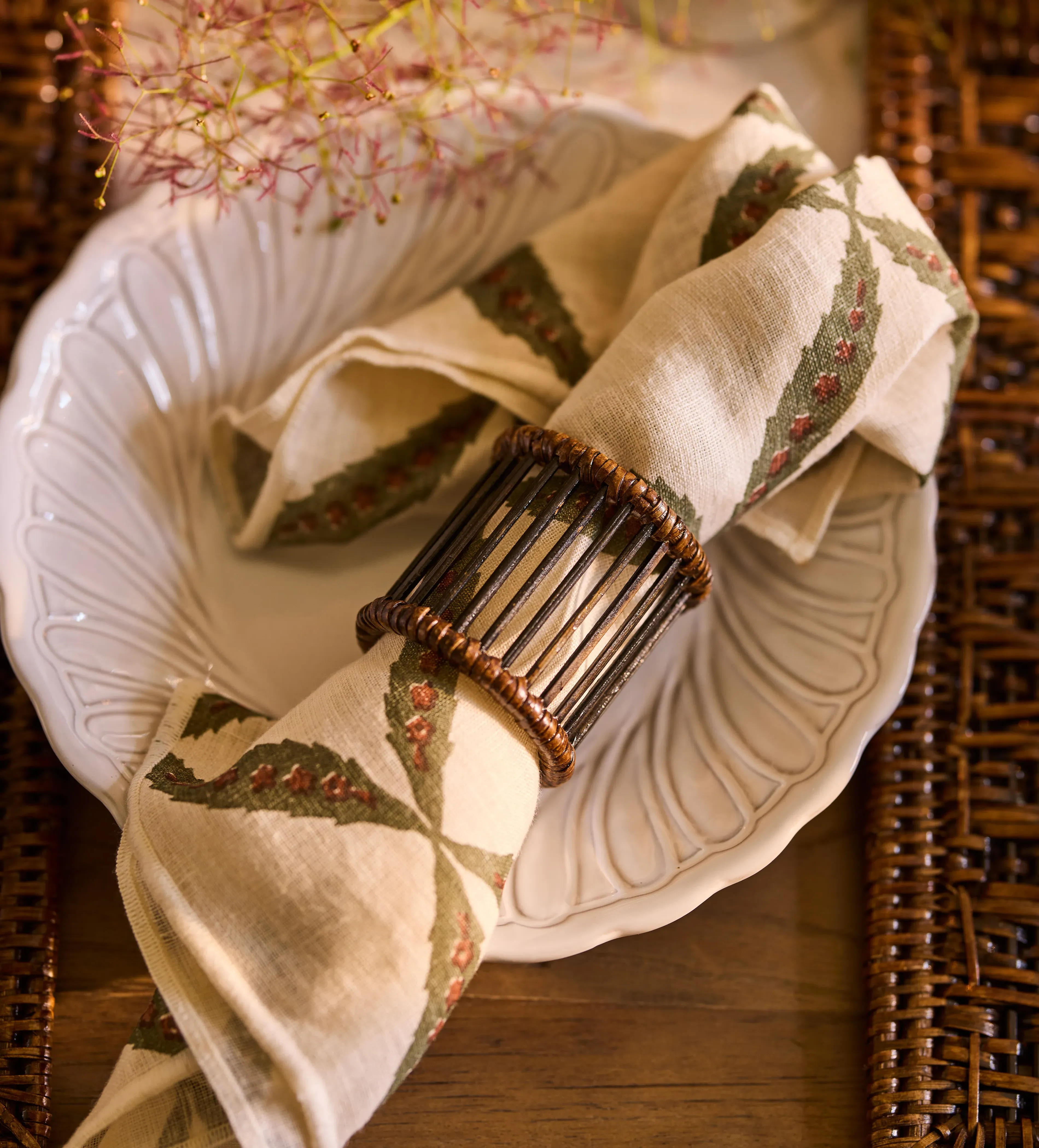 Mandalay Napkin Rings Set of Four - Antique Brown, Rattan by OKA