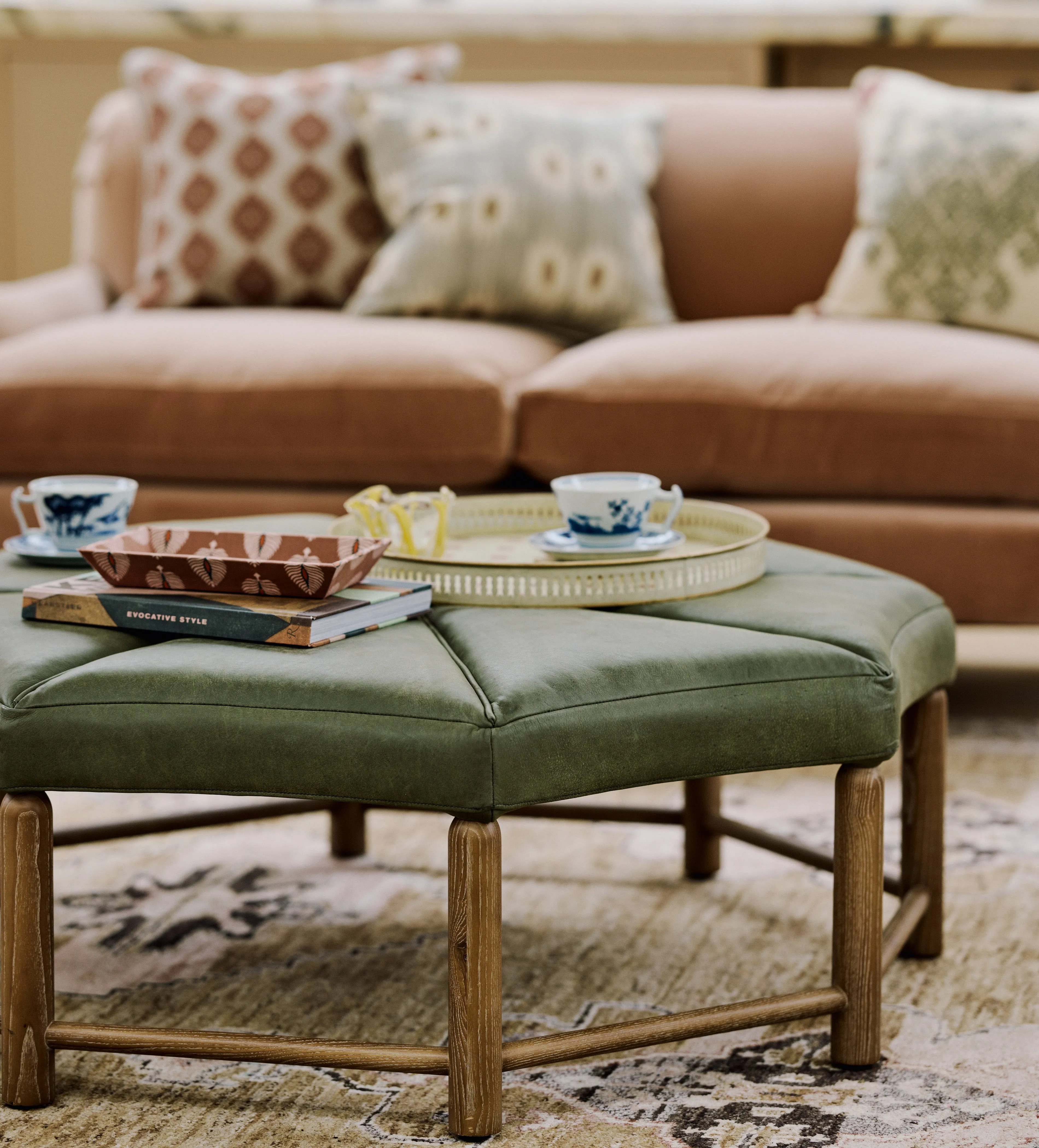 Ottagono Octagonal Leather Ottoman - Spruce product