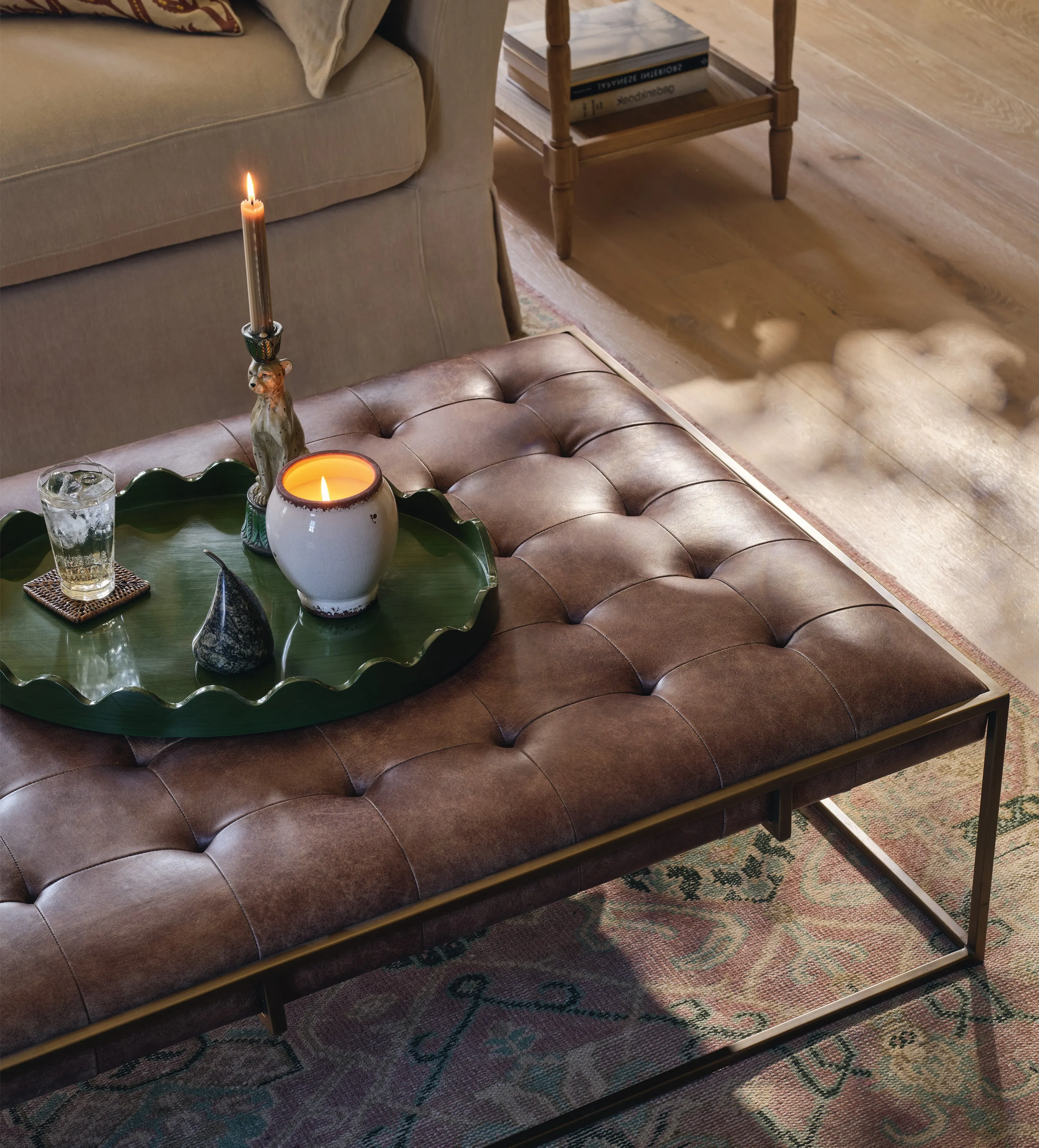 Wallace Ottoman with Brass Frame - Aged Hazelnut, Leather product