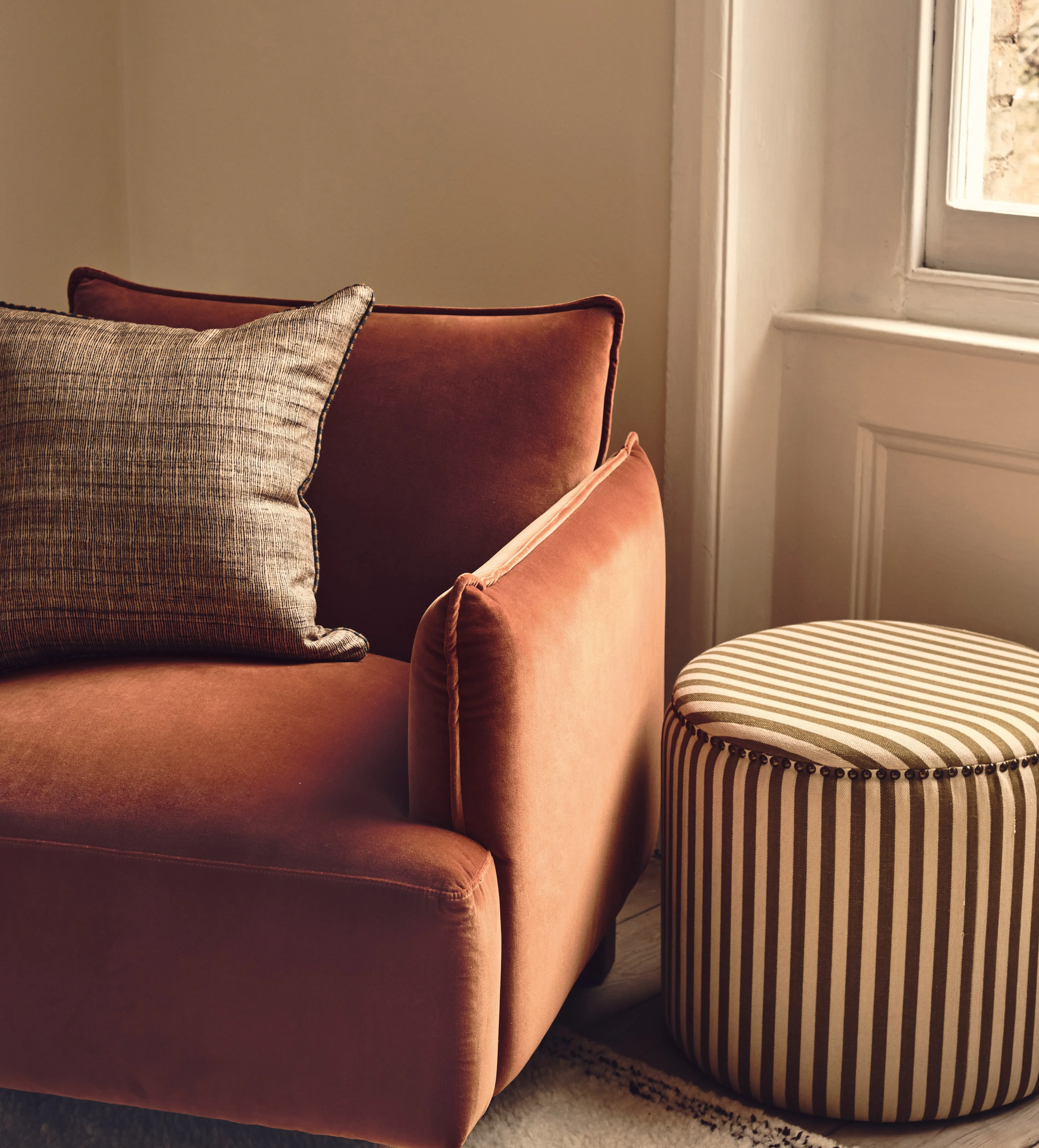 Costellini Stripe Ottoman with Studded Border - Olive, Linen product