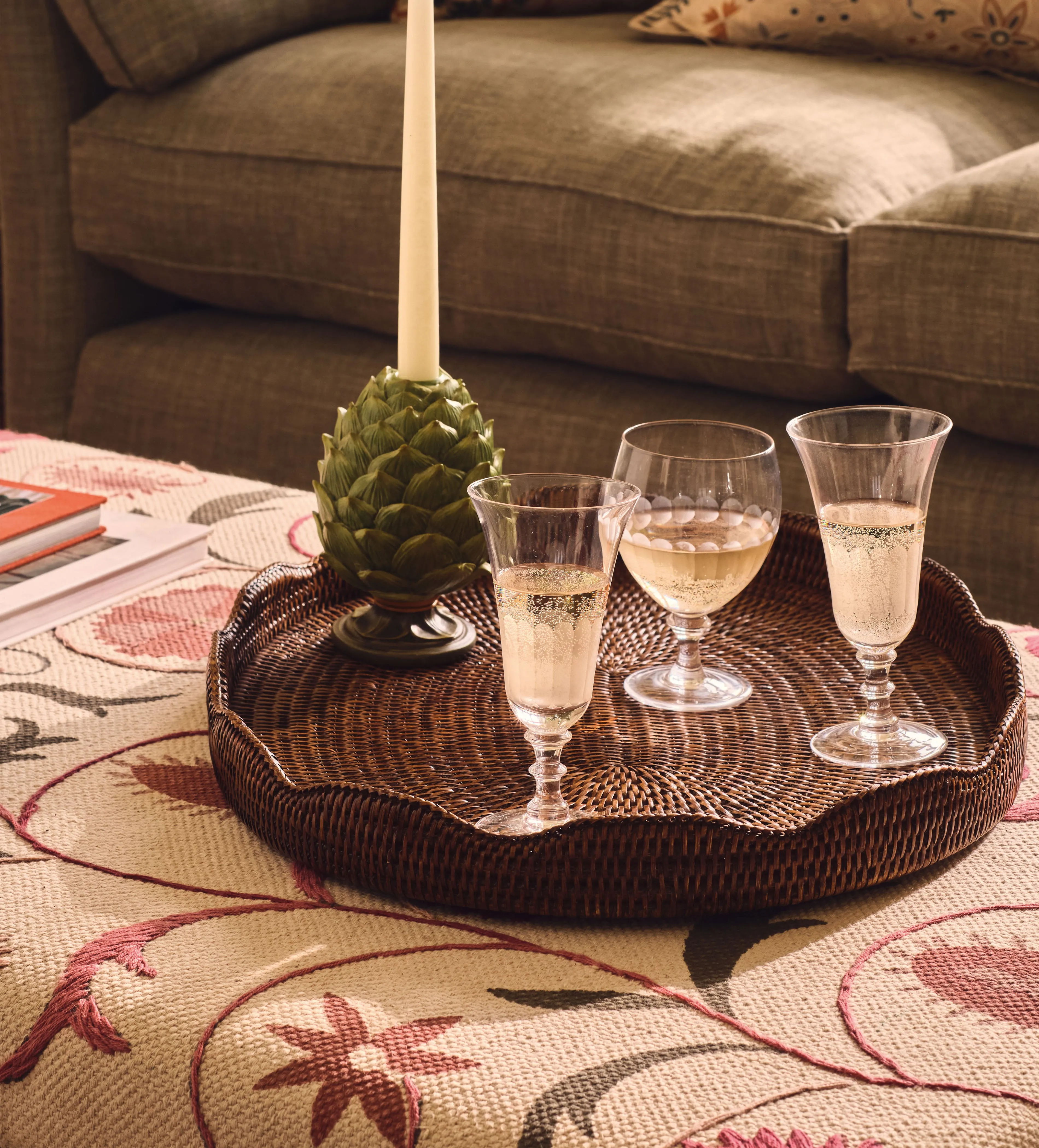 Rattan Serving Tray with Wave Edge - Brown by OKA