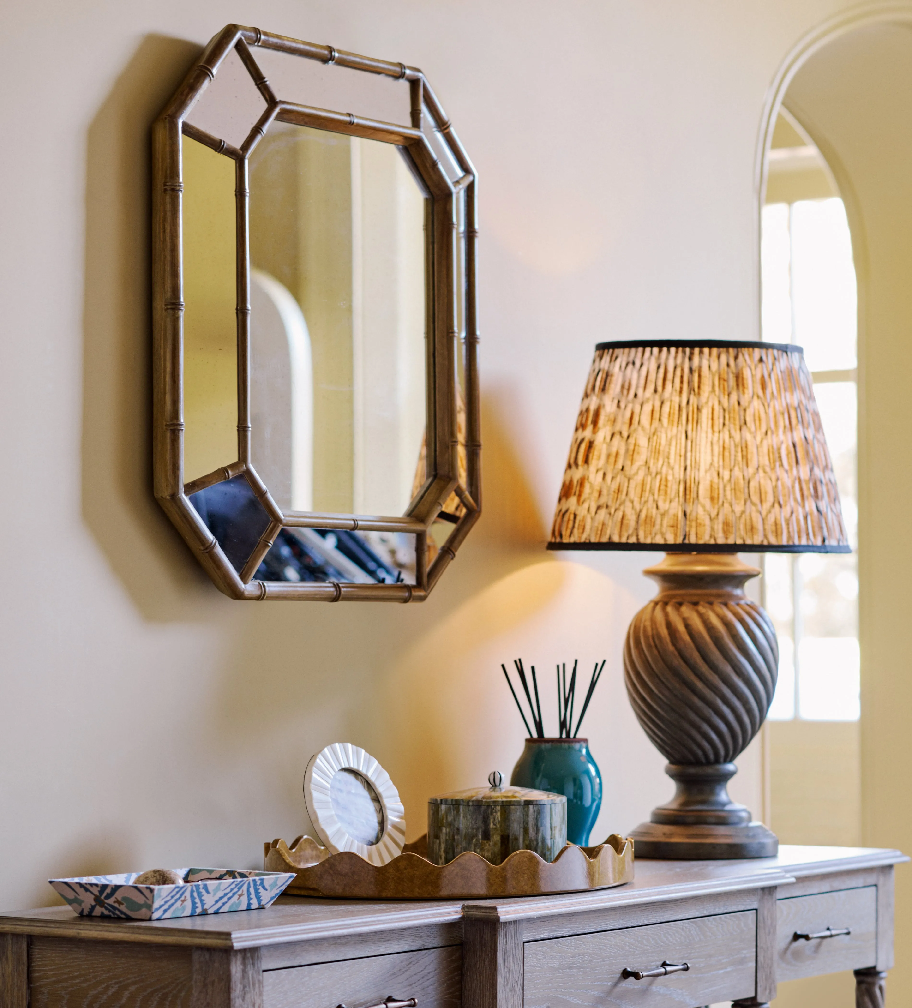 Sarawak Octagonal Wall Mirror - Natural, Bamboo by OKA