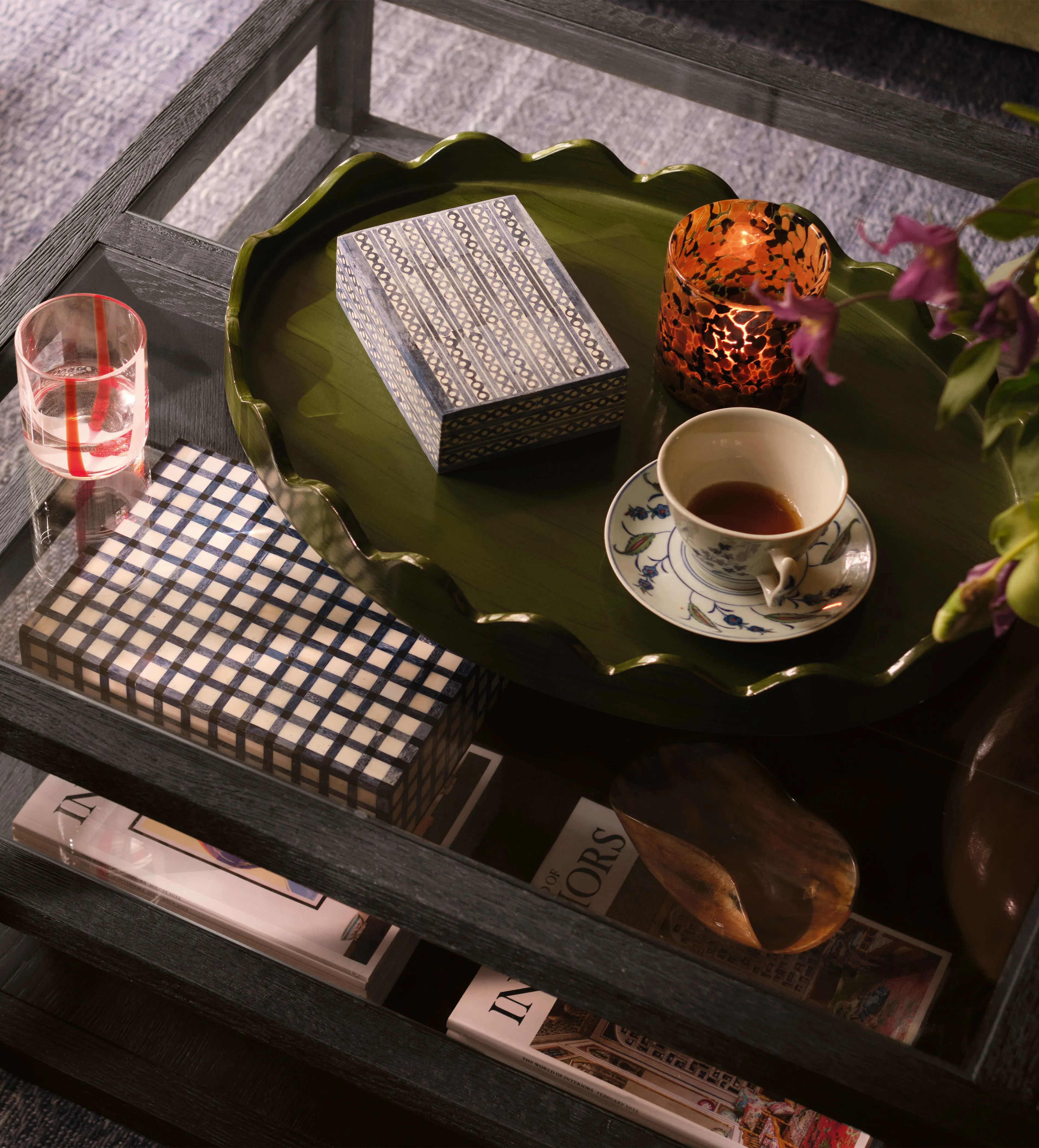Serving Tray with Wave Edge - Green, Mango Wood by OKA