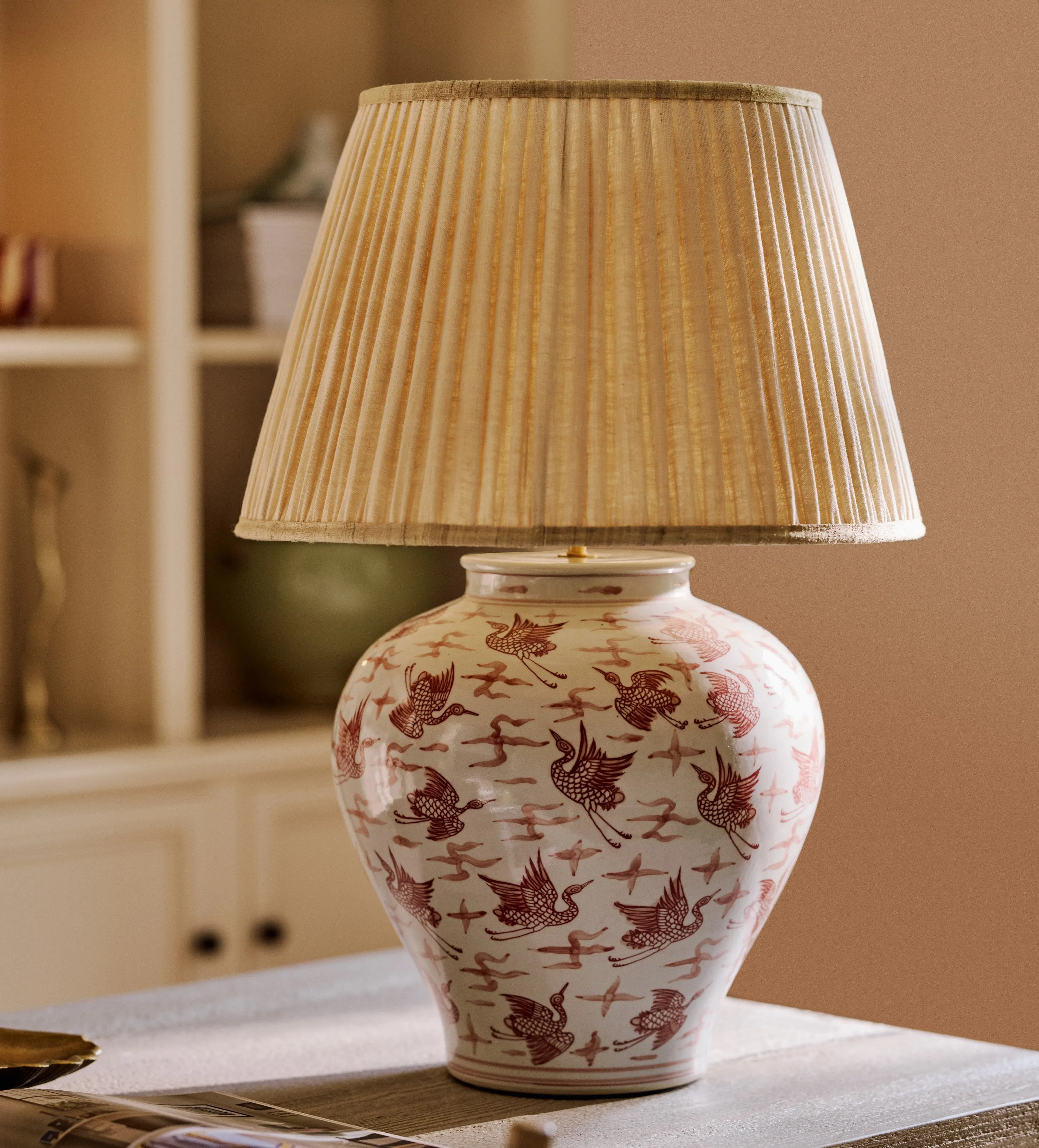 Table Lamp Base with Bird Motif - Red, Porcelain product