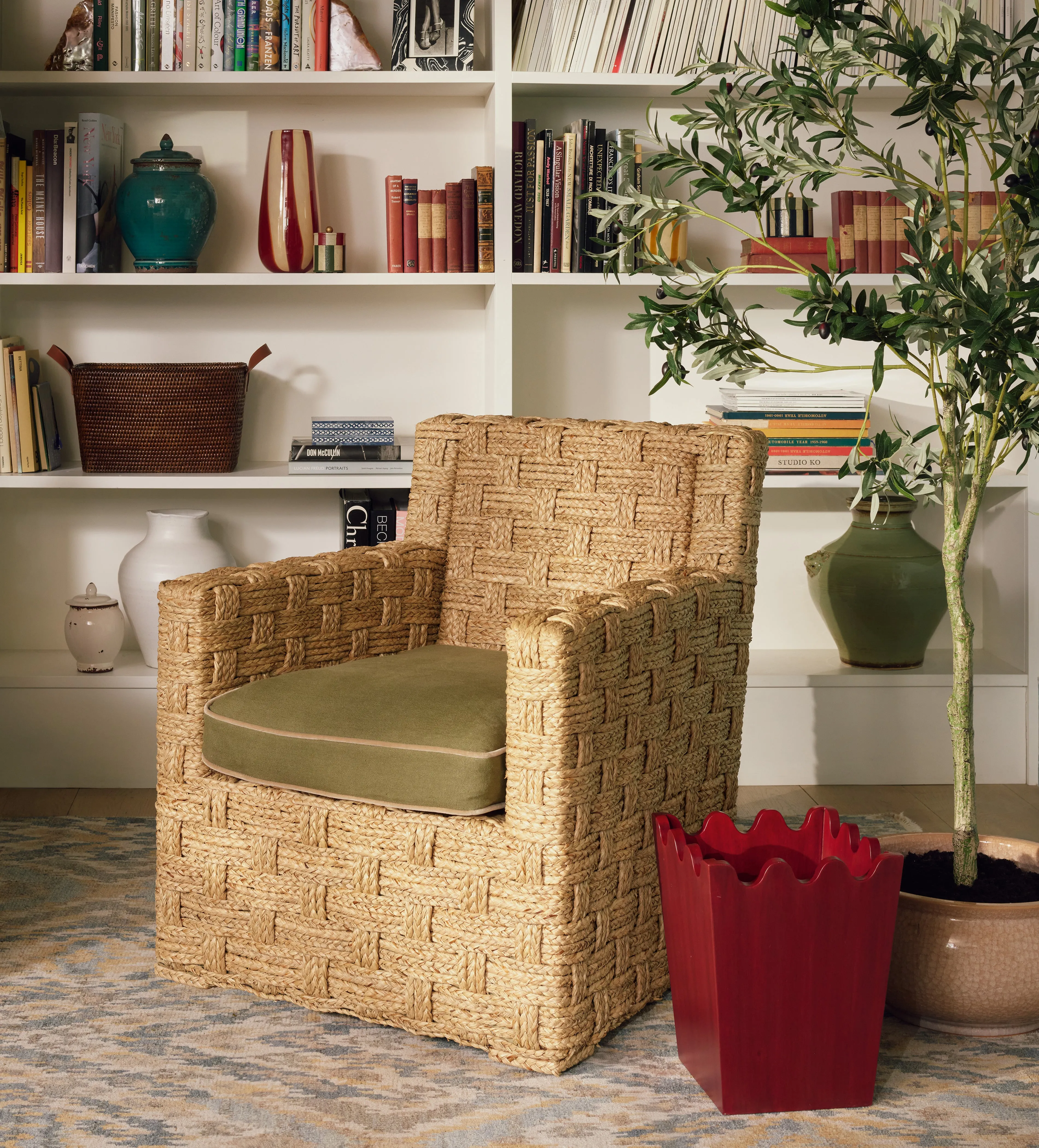 Talasa Wastepaper Bin - Brushed Red, Wood by OKA