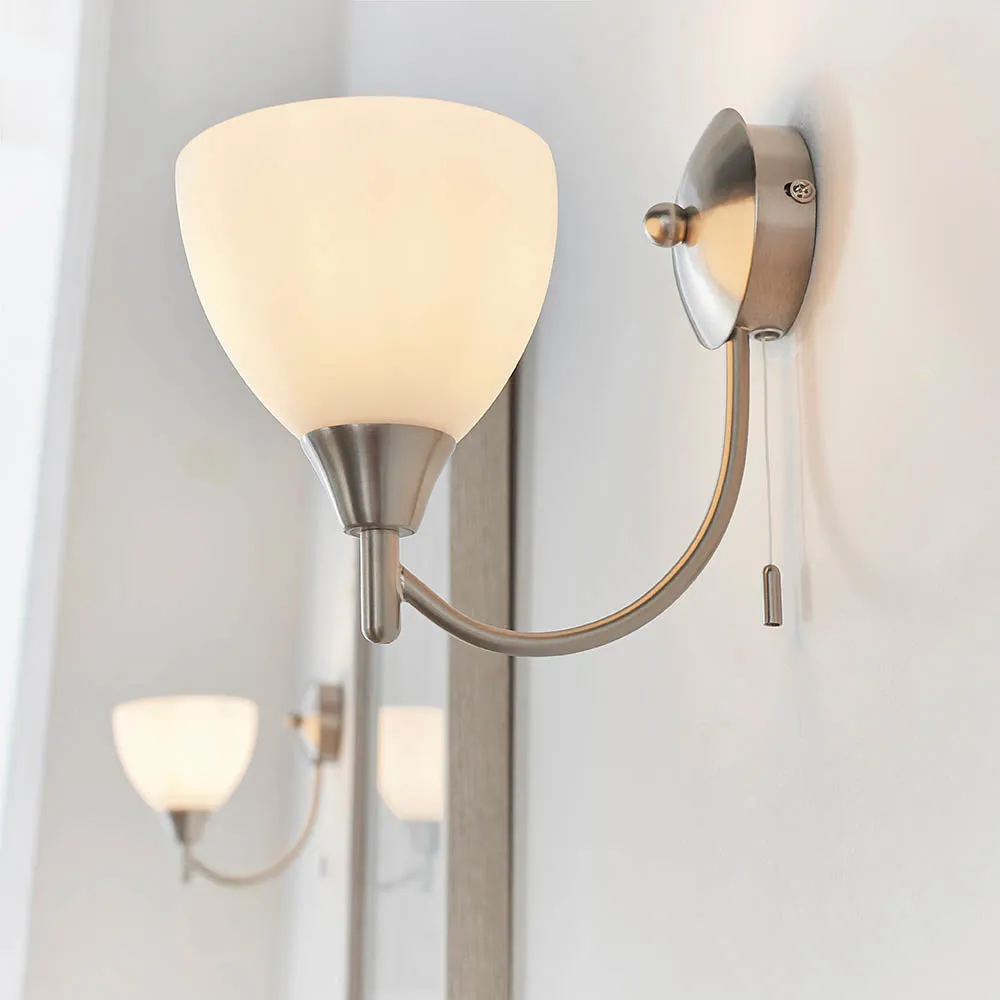 Alton Wall Light with Pull Cord - Satin Chrome, Opal Glass product