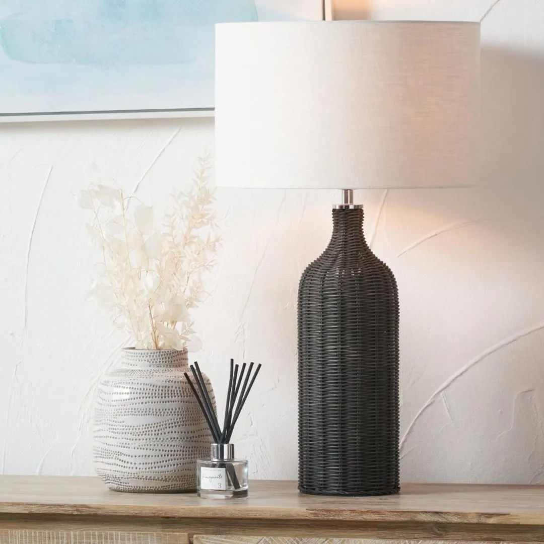 Anika Bottle Table Lamp - Black Rattan, White Linen product