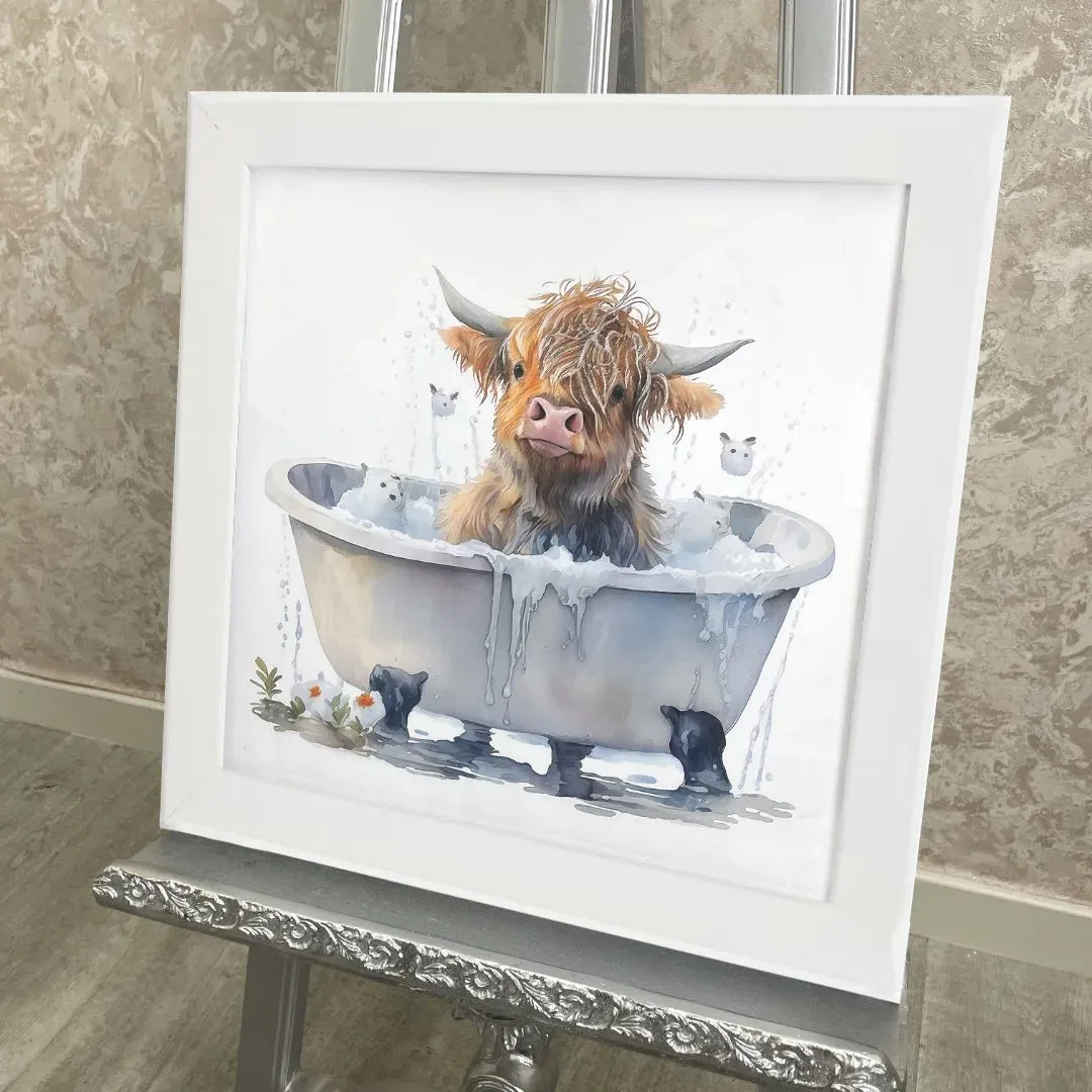 Baby Highland Cow in Bathtub Wall Art - White, Wood product