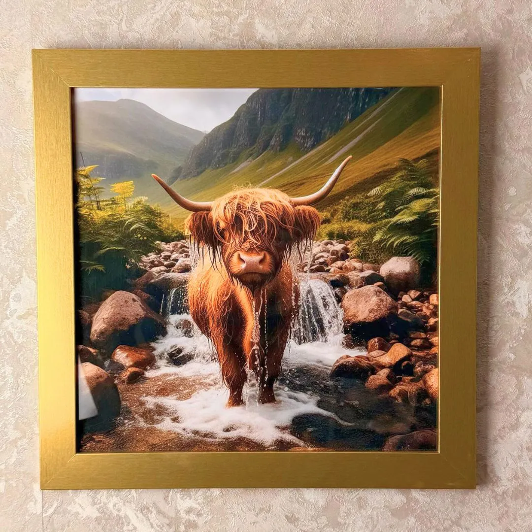 Baby Highland Cow Square Wall Artwork - Gold Frame product