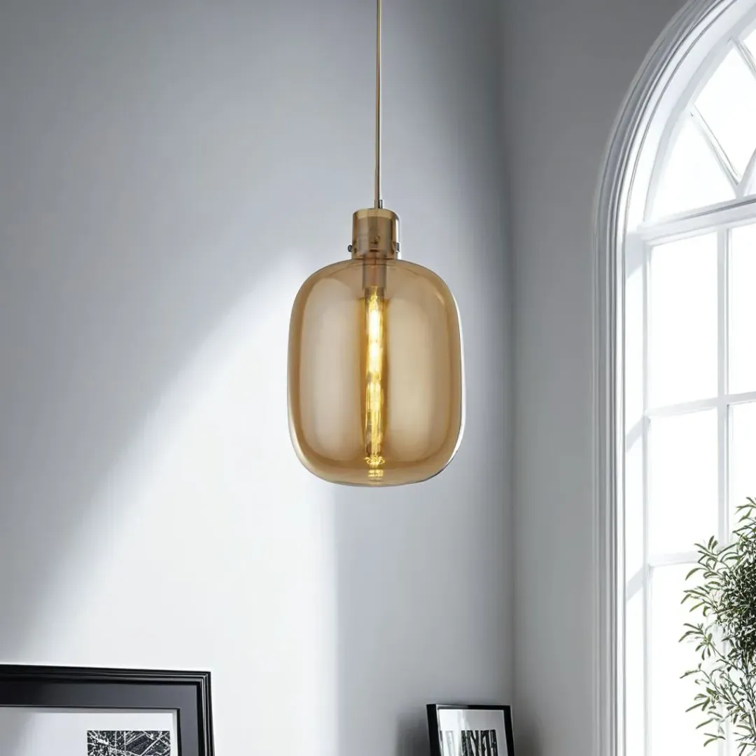Barrel Pendant Ceiling Light - Amber Glass, Satin Brass product