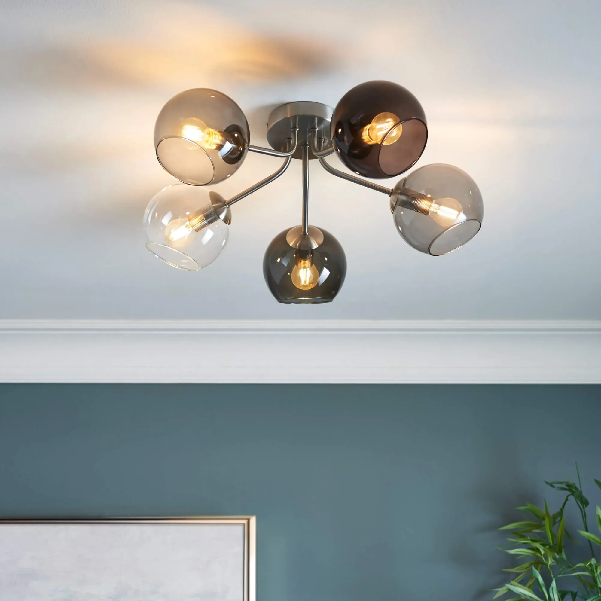 Branco 5 Light Semi-Flush Ceiling Light - Satin Nickel, Smoked Glass product