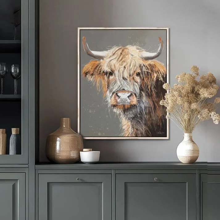 Brodie Highland Cow Portrait Framed Canvas - Light Wood product