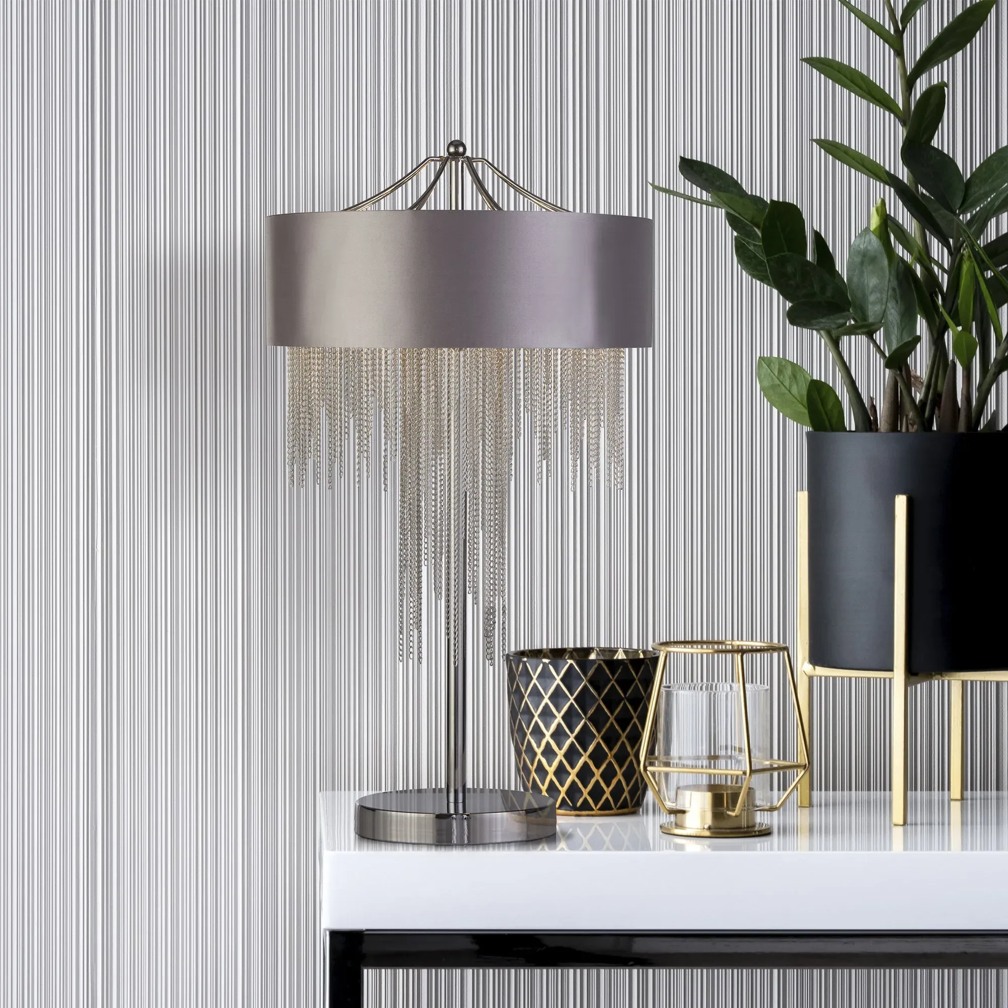Carmella Table Lamp with Chain Detail - Grey, Polished Chrome product