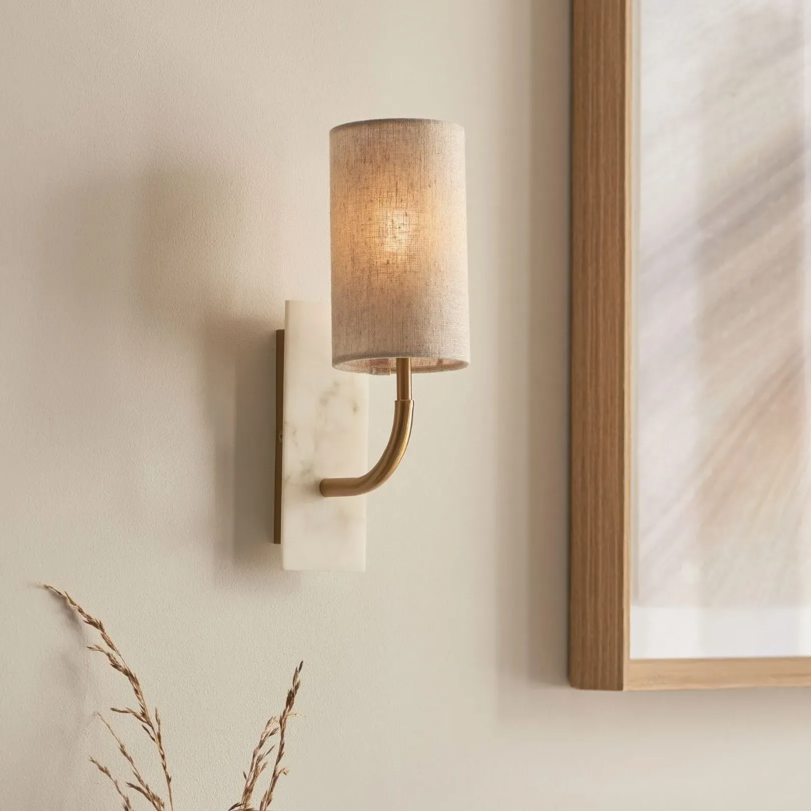 Castello Tall Curved Wall Light - Antique Brass, Linen product