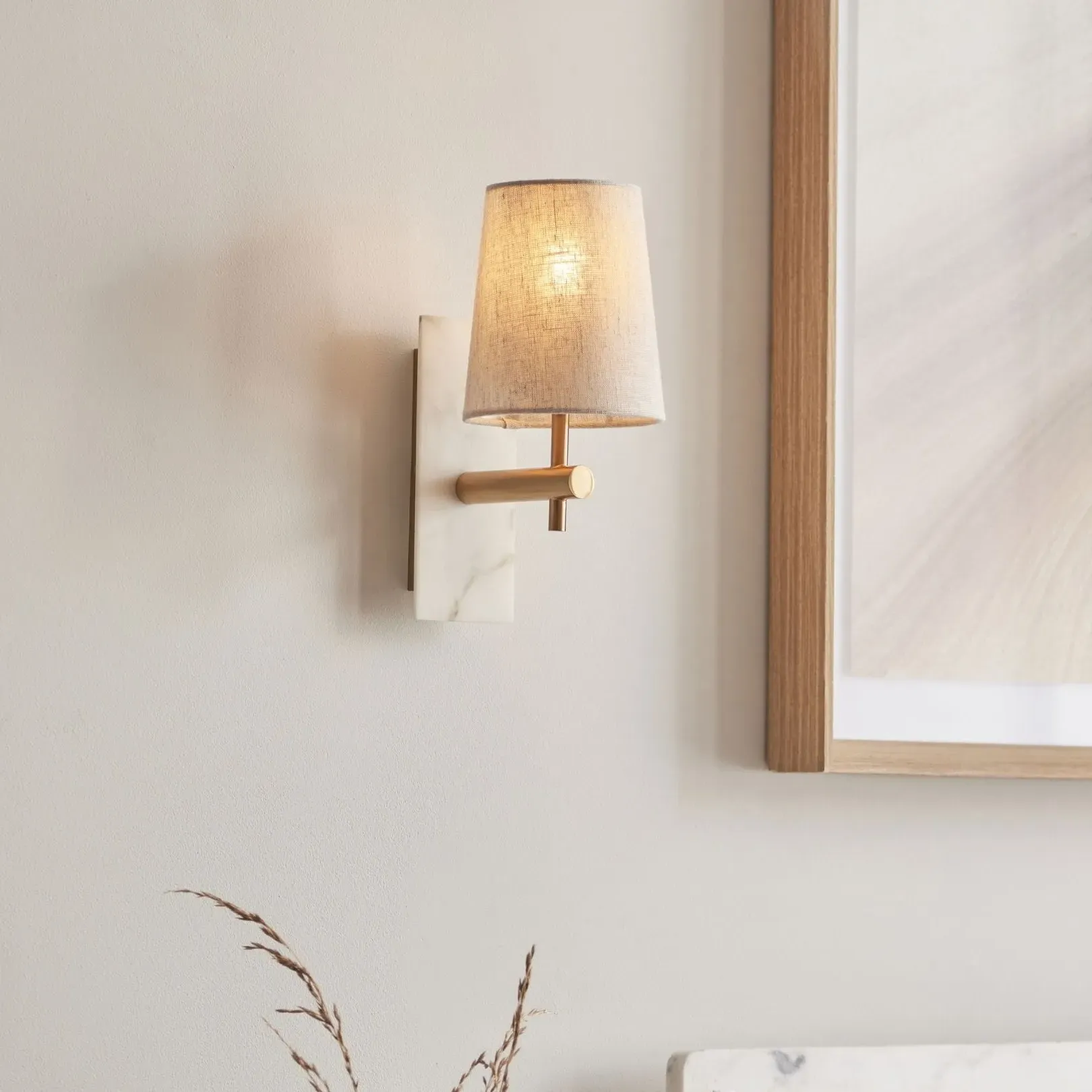 Castello Wall Light with Linen Shade - Vintage Brass, Marble-Effect product