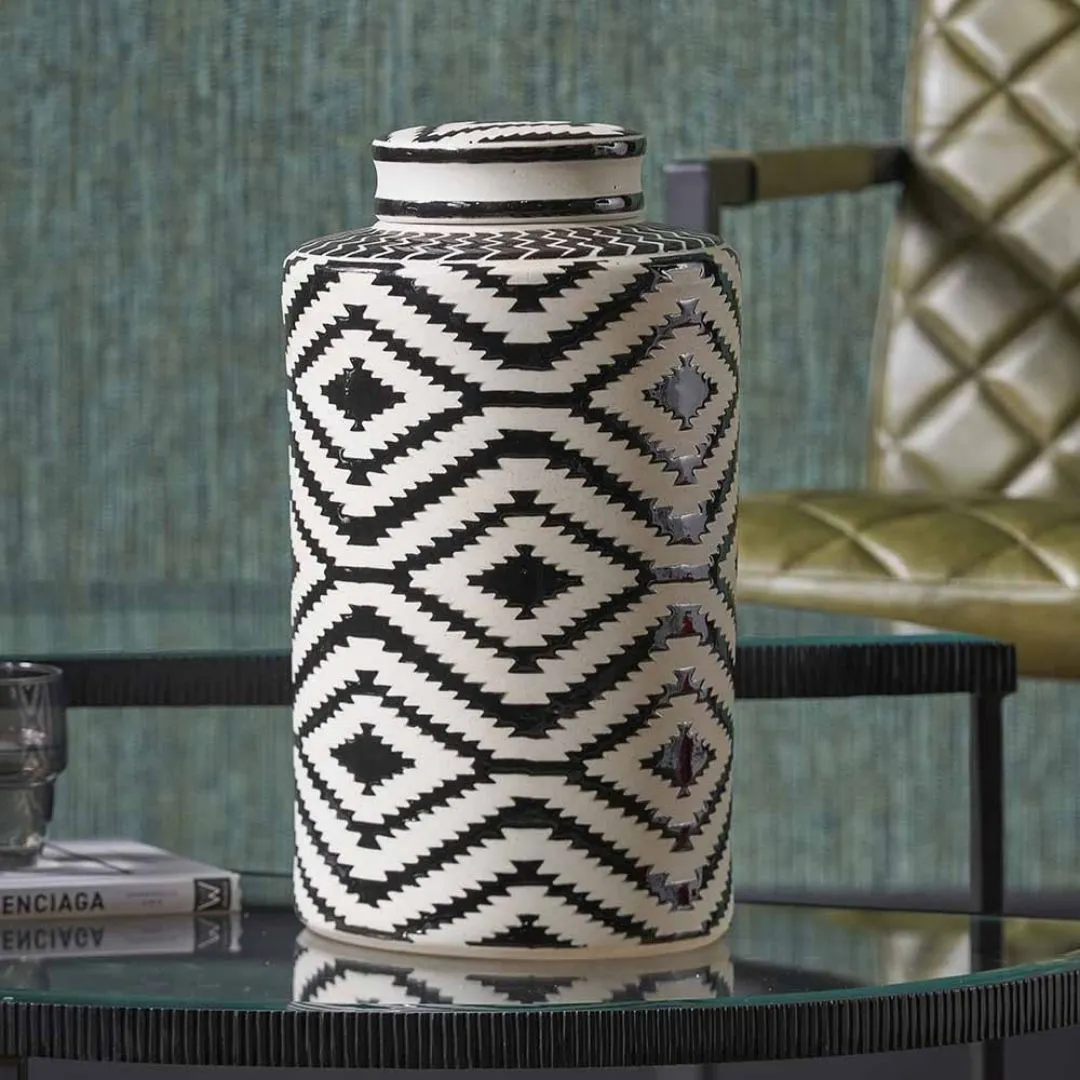 Chirala Lidded Ginger Jar - Black & White, Ceramic product