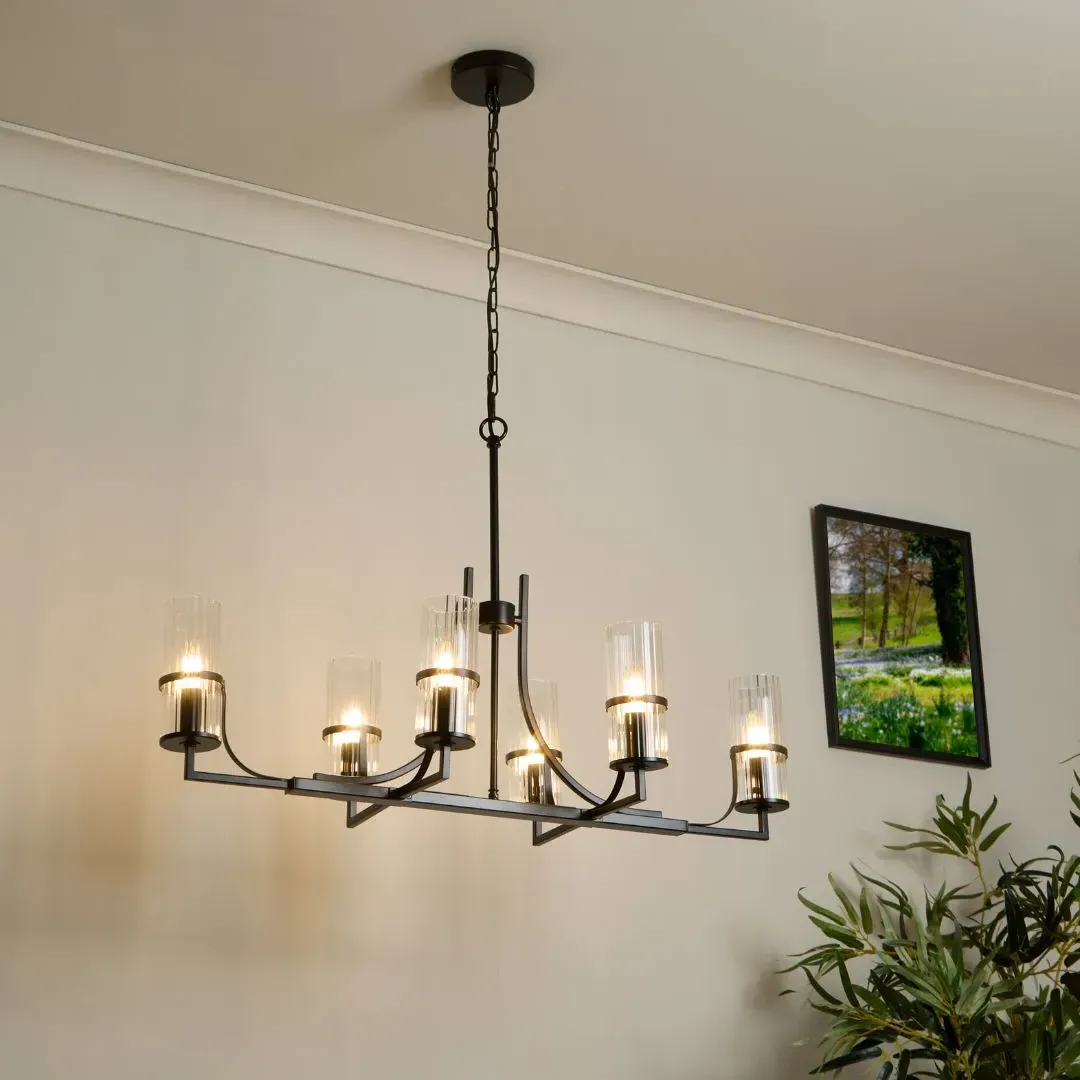 Davina 6-Light Linear Pendant Ceiling Light - Black, Ribbed Glass product