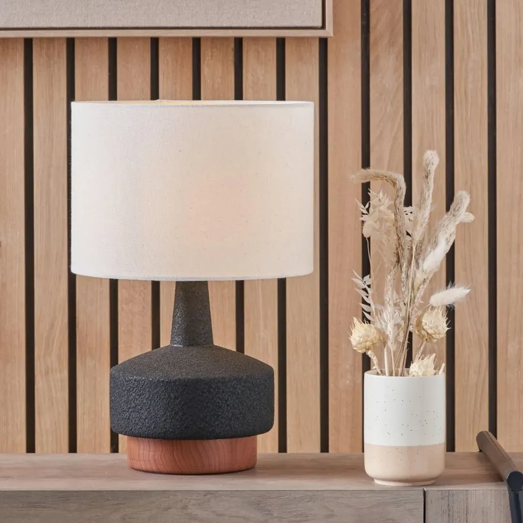Elio Ceramic Table Lamp with White Shade - Black, Wood product