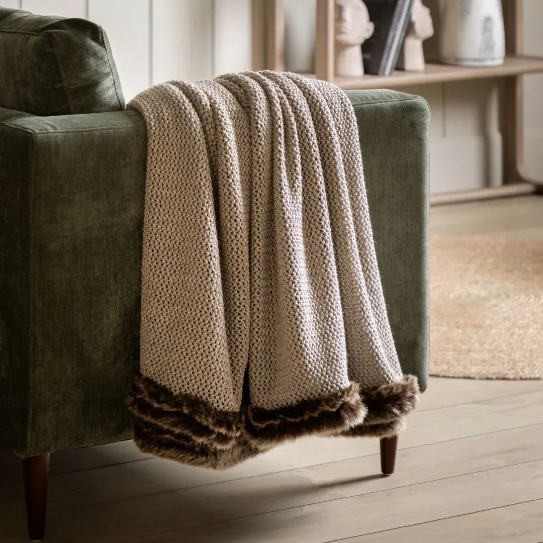 Faux Fur Trim Knitted Throw - Brown product
