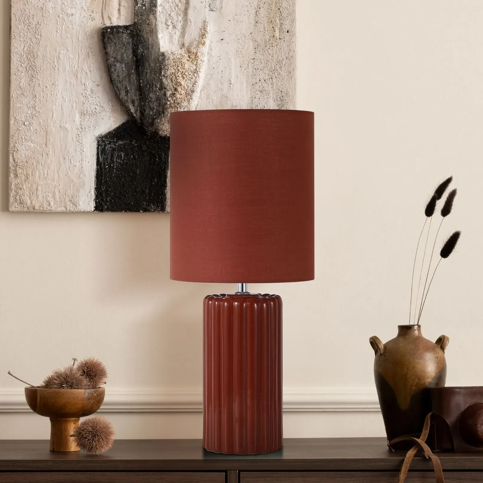 Groove Cylindrical Table Lamp with Drum Shade - Burnt Orange product