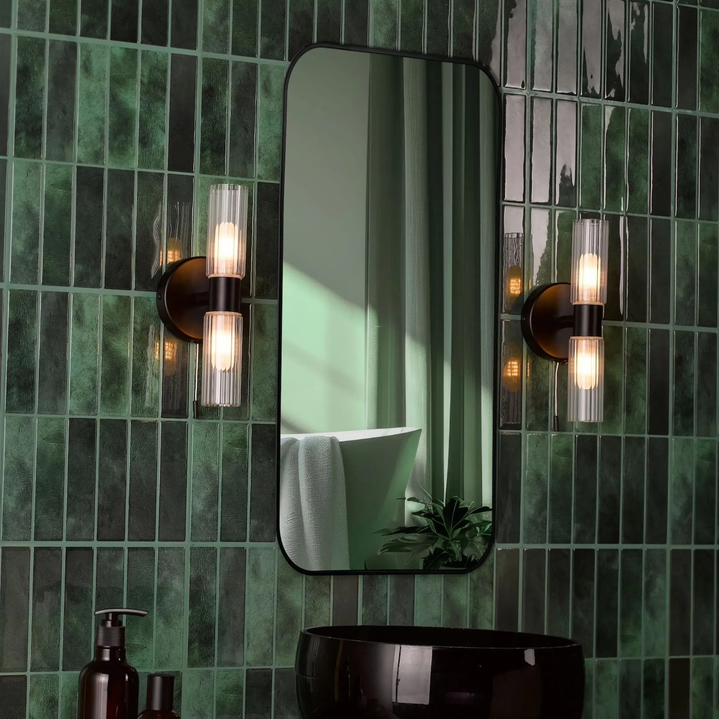 Hannah 2-Light IP44 Wall Light - Matte Black, Glass product