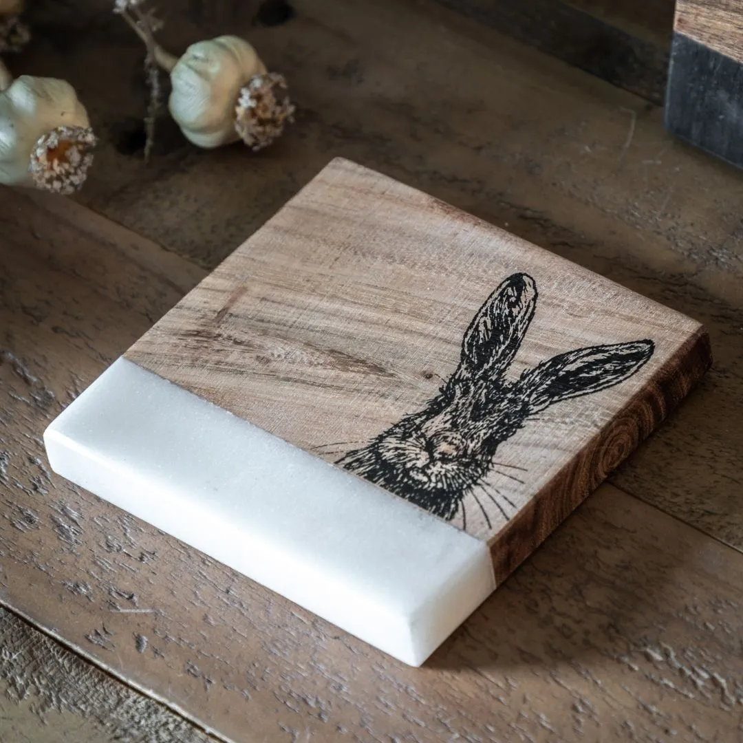 Hare Coasters Set of 4 - White Marble, Mango Wood product