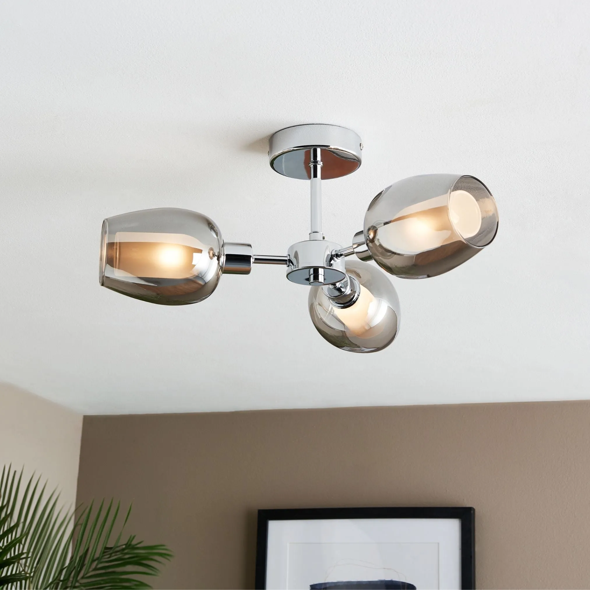 Hayden 3-Light Semi Flush Ceiling Light - Silver, Smoked Glass product